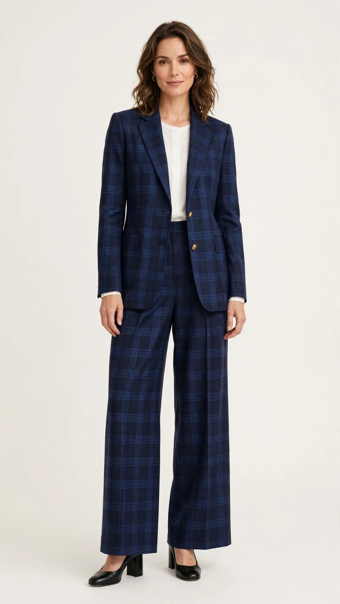 Navy Check Checked Blazer and Wide-Leg Trousers with black block-heel pumps