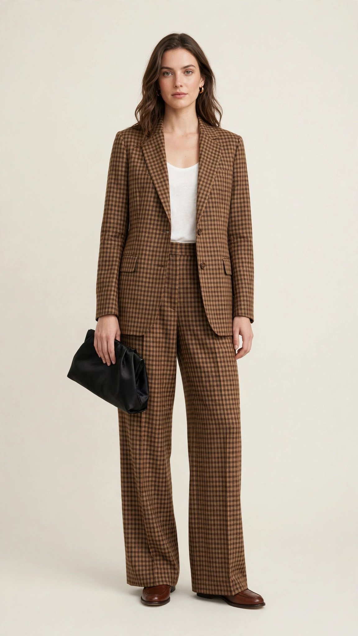 Brown Check Checked Blazer and Wide-Leg Trousers with a black satin clutch