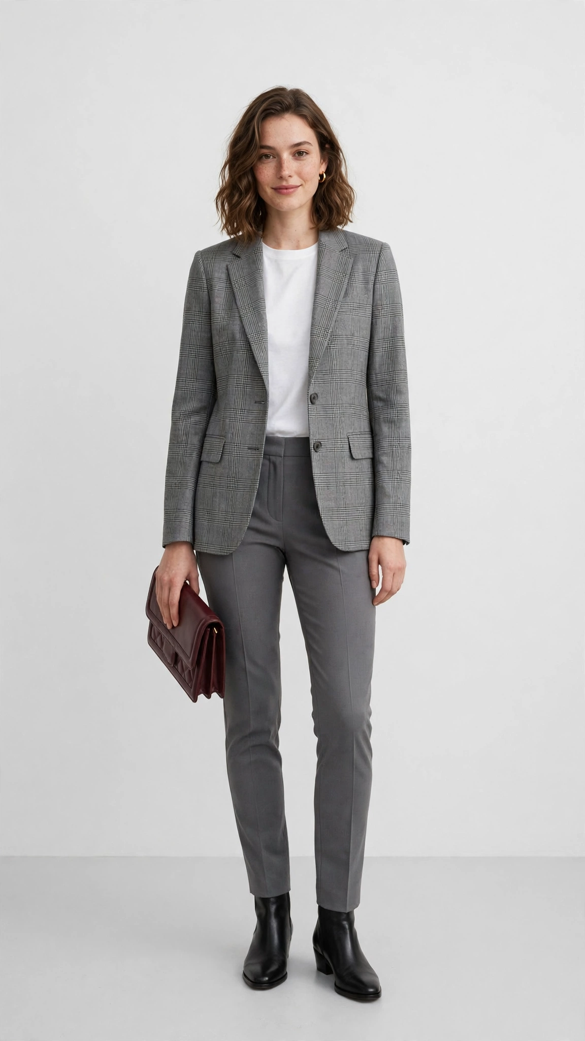 Grey Check Checked Blazer and Slim Trousers with a burgundy clutch