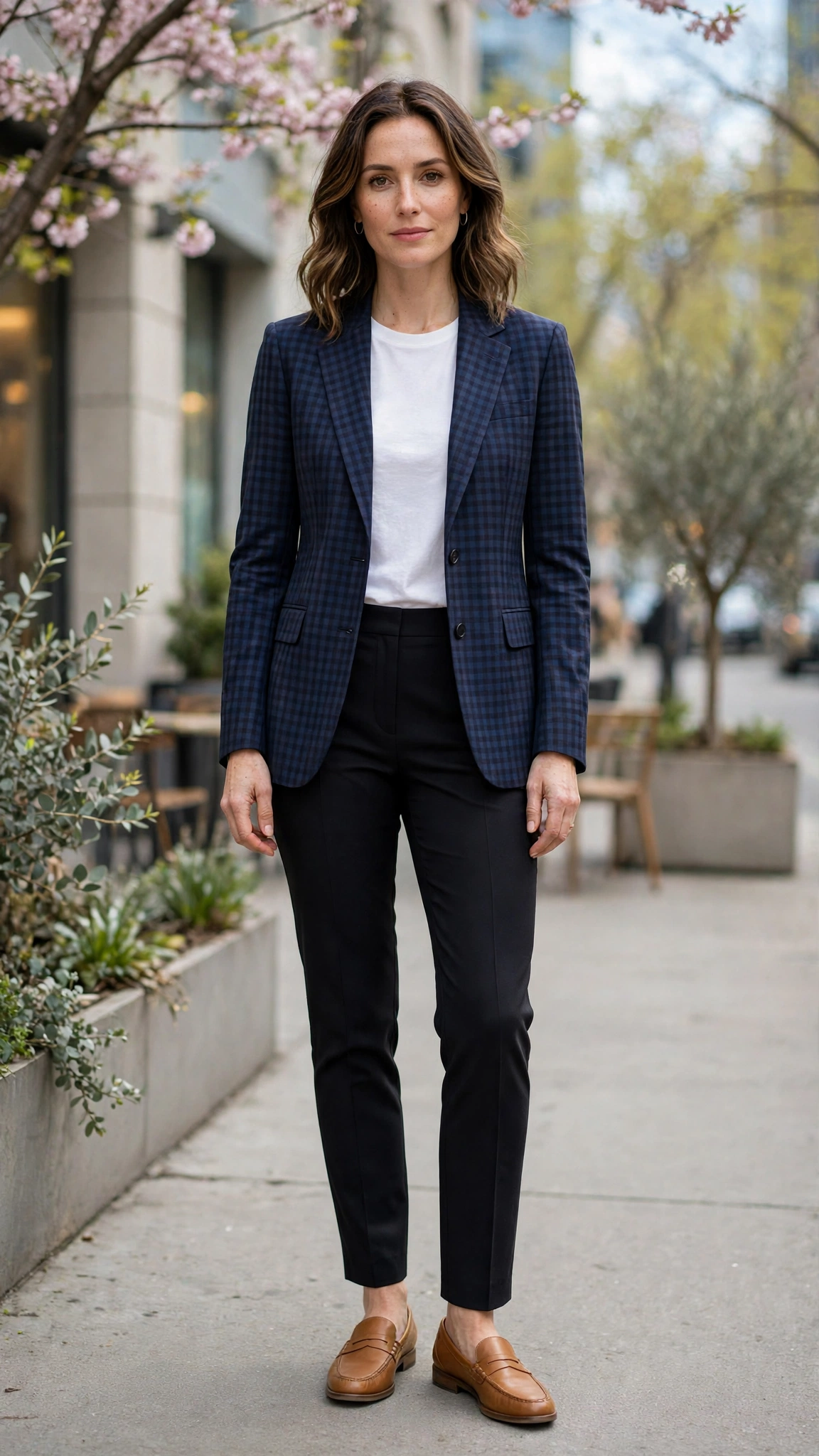 Navy Check Checked Blazer and Slim Trousers with tan leather loafers