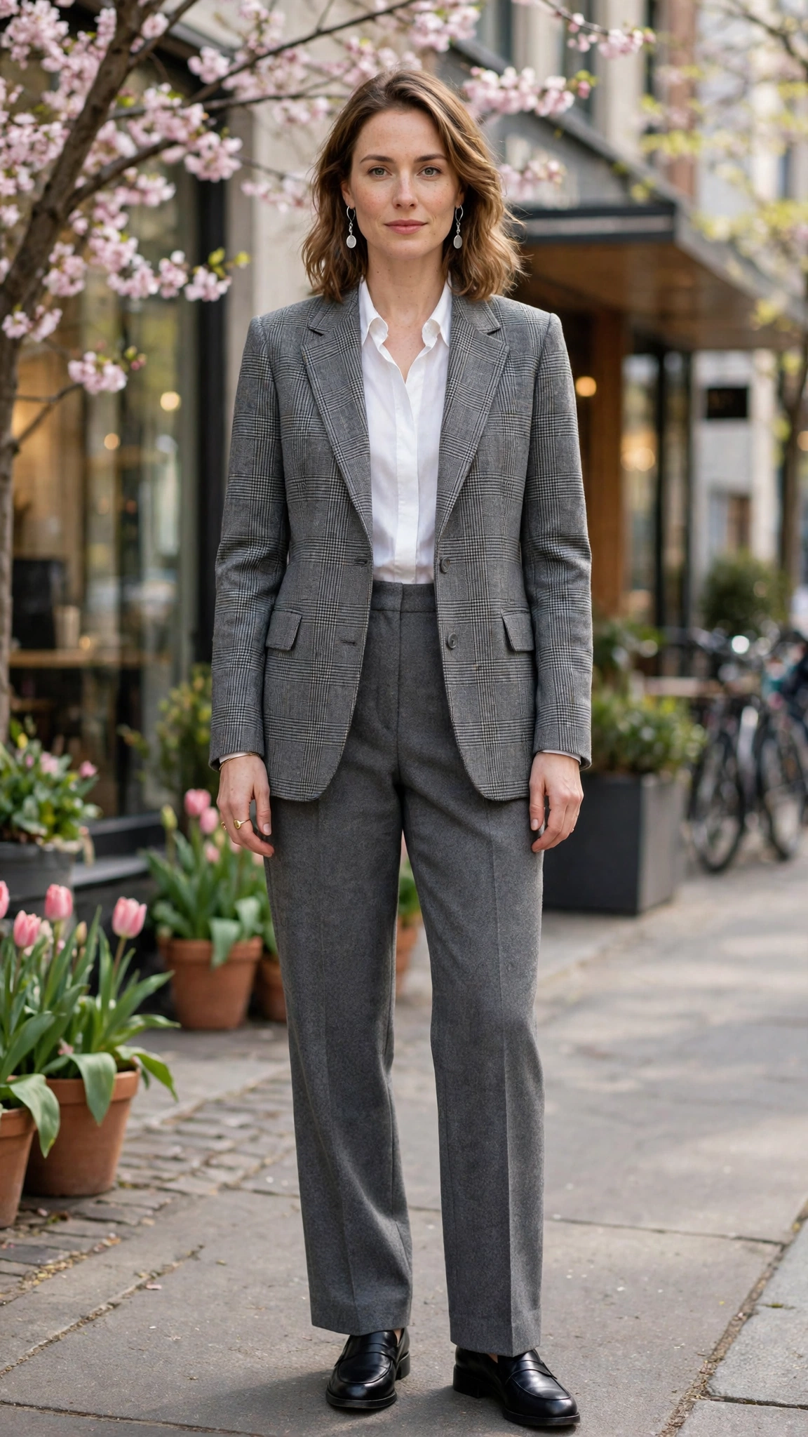 Grey Check Checked Blazer and Wool Trousers with silver drop earrings