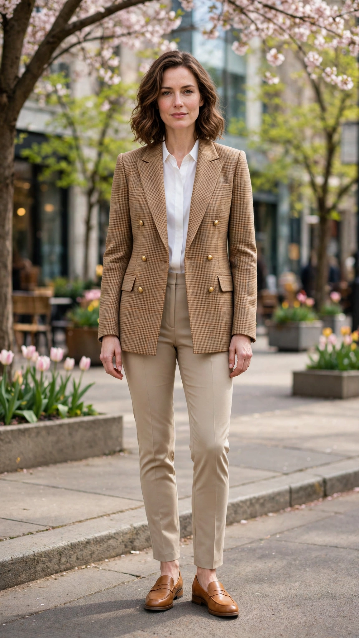 Camel Check Checked Blazer and Slim Trousers with tan leather loafers