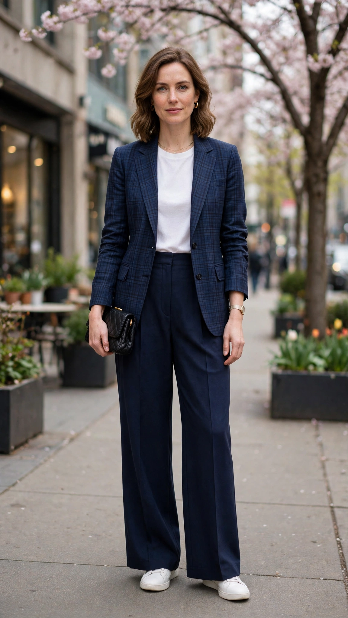 Navy Check Checked Blazer and Wide-Leg Trousers with a small black clutch