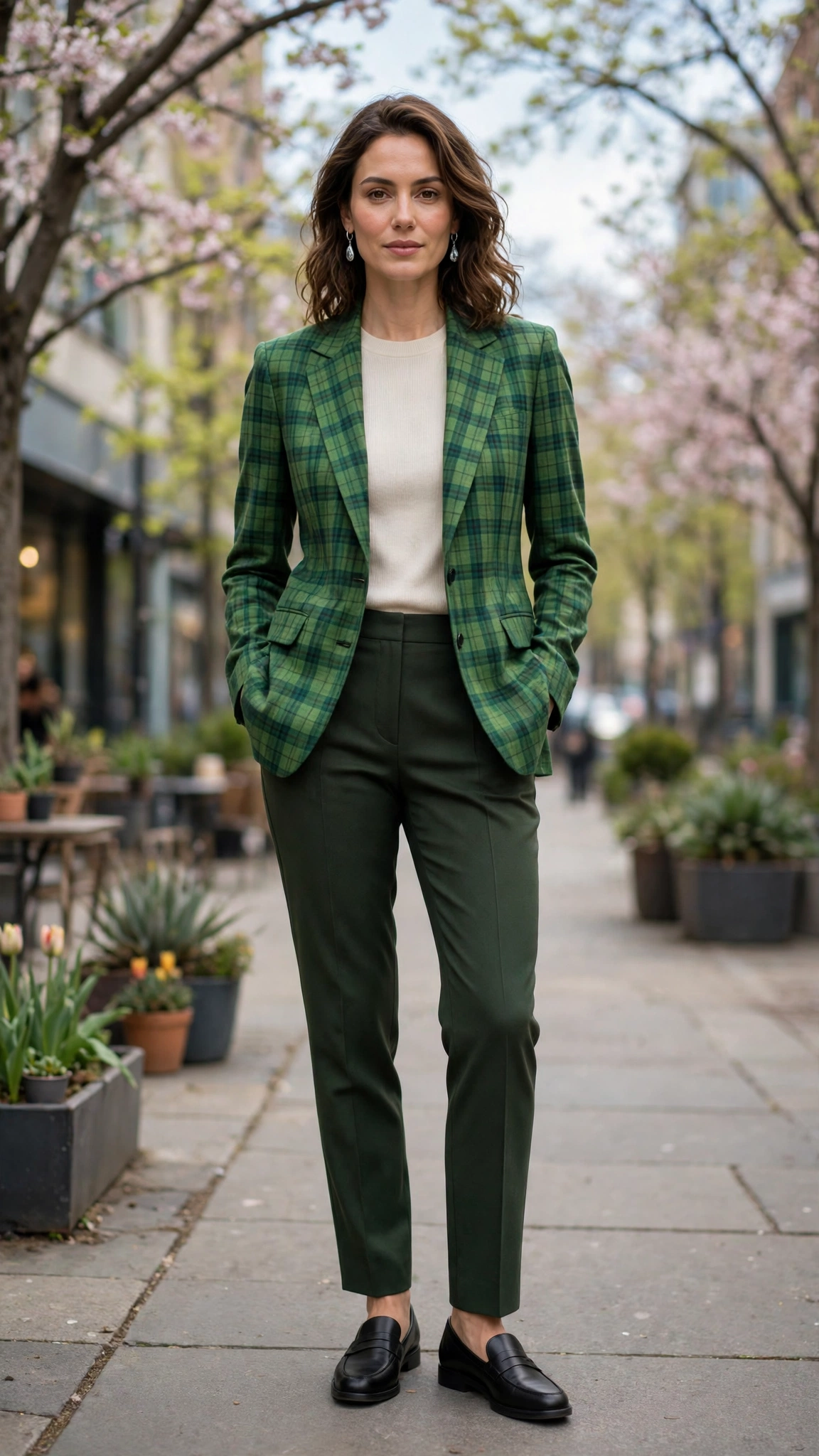 Green Check Checked Blazer and Tailored Trousers with silver drop earrings