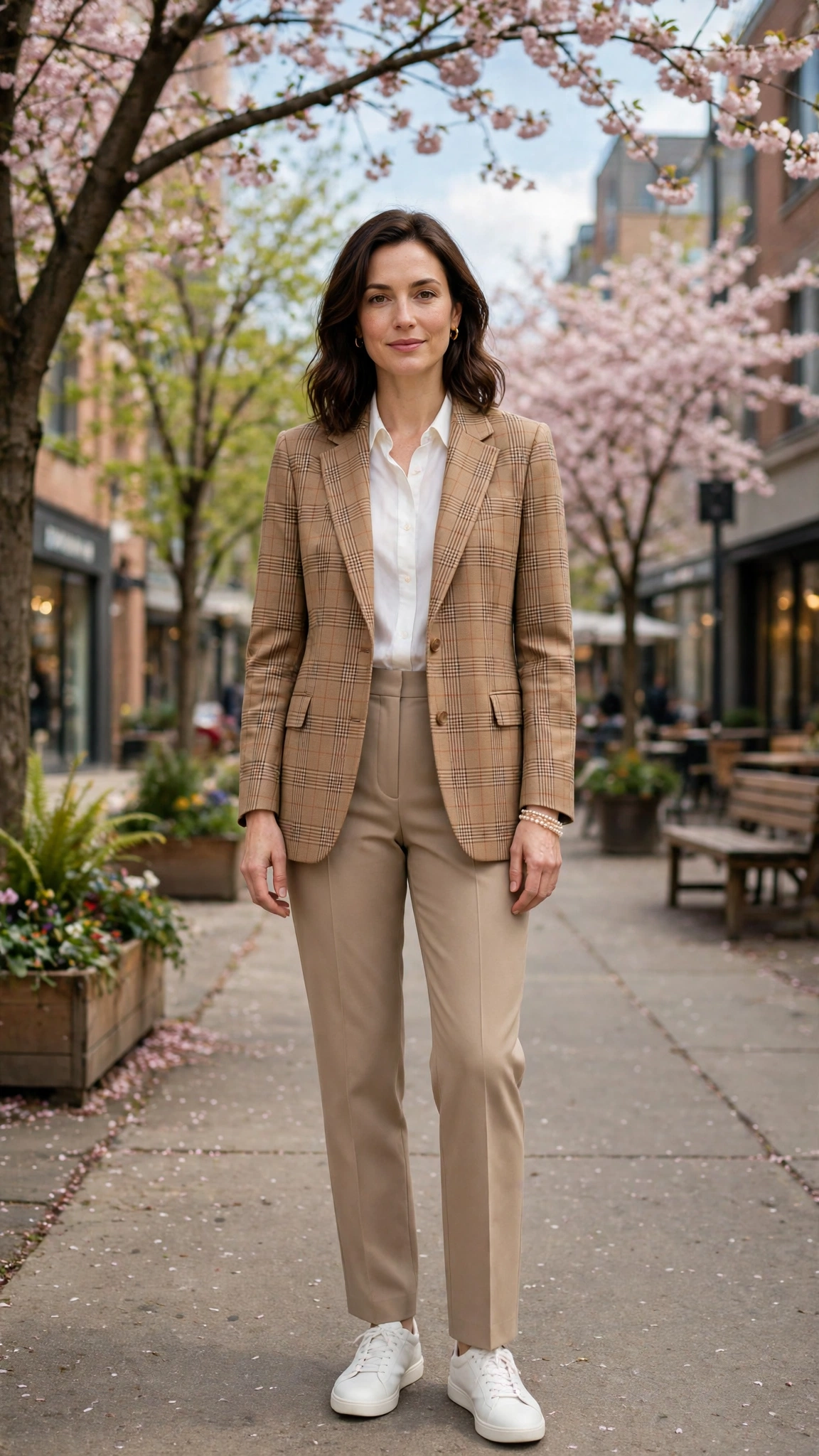 Camel Check Checked Blazer and Tailored Trousers with a pearl bracelet
