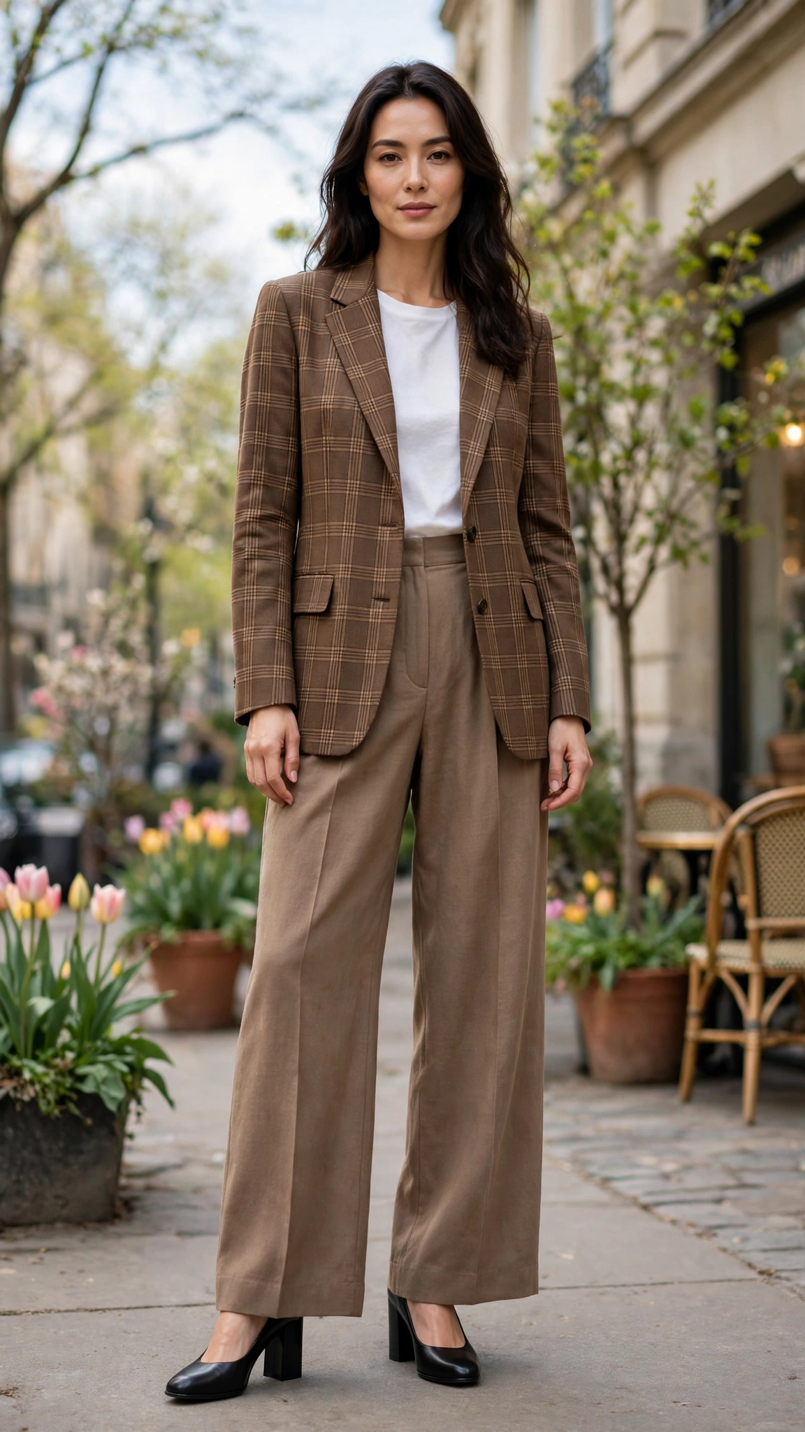 Brown Check Checked Blazer and Wide-Leg Trousers with black block-heel pumps