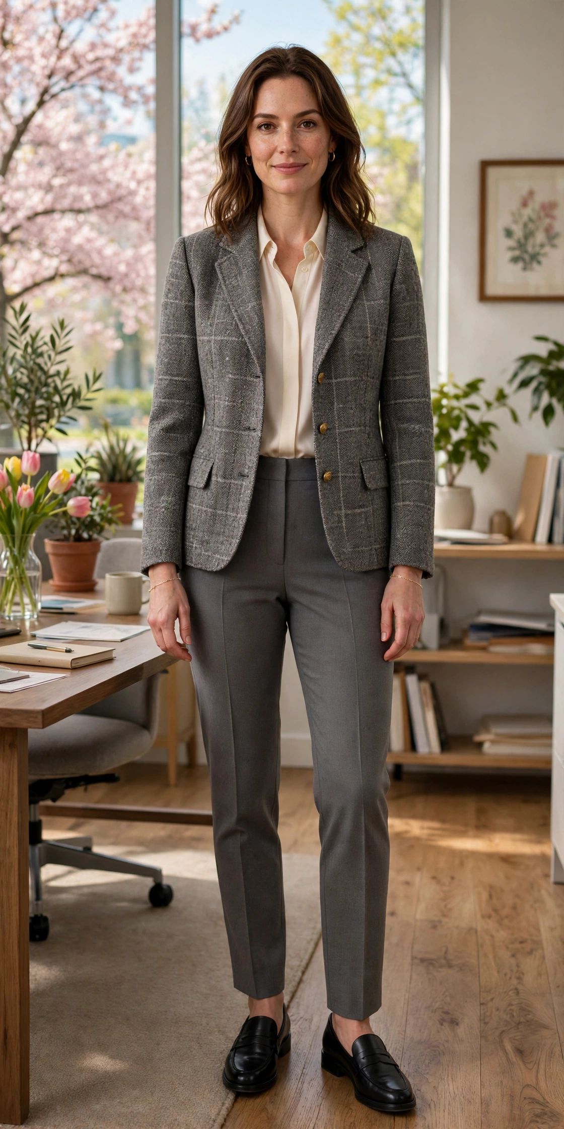 Grey Check Tweed Check Jacket with a delicate gold bracelet