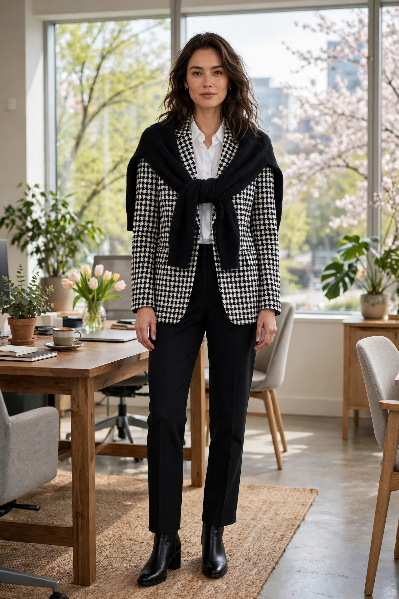 Black and White Check Checked Blazer with a soft black shawl