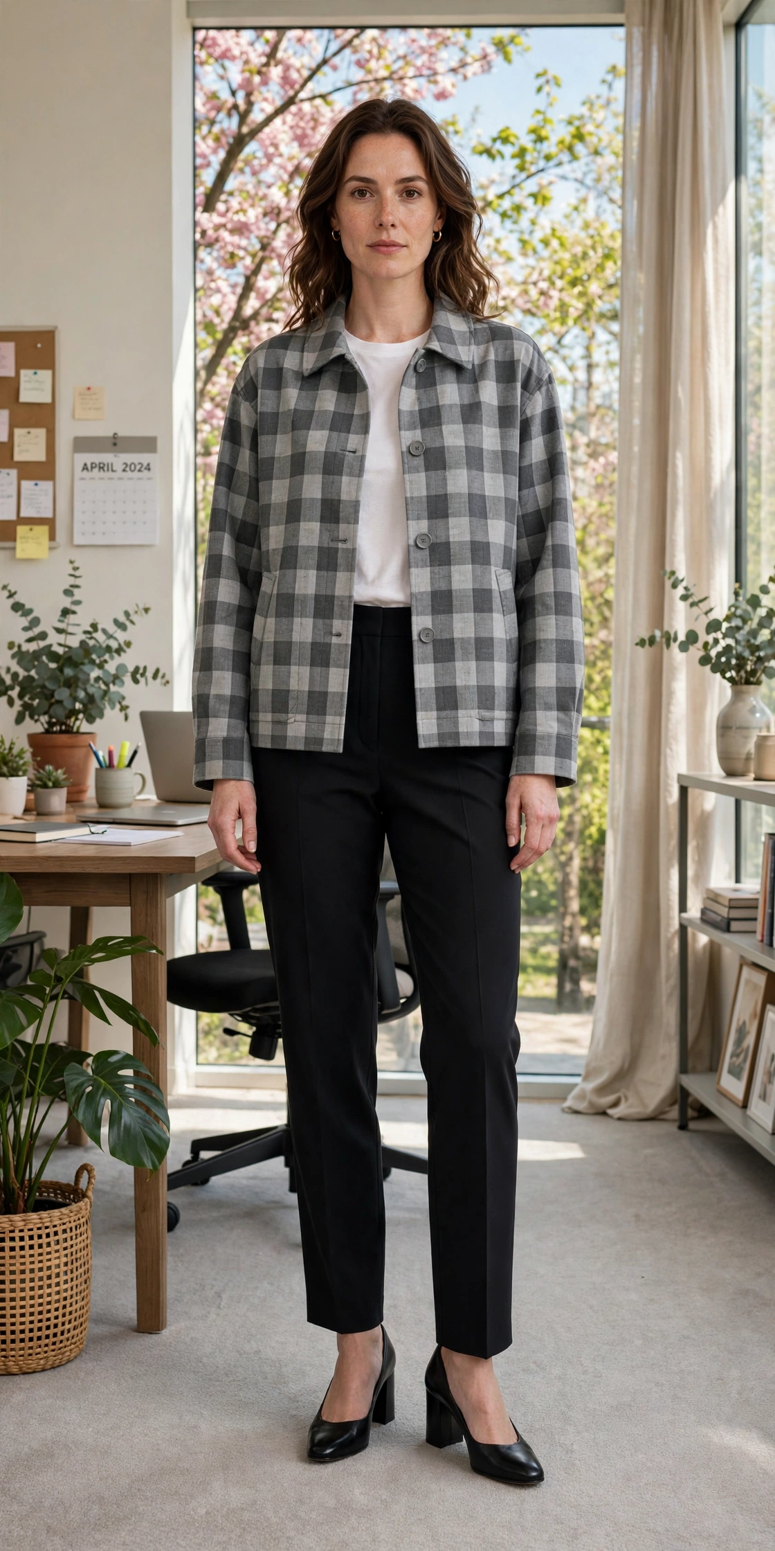 Grey Check Boxy Check Jacket with black block-heel pumps