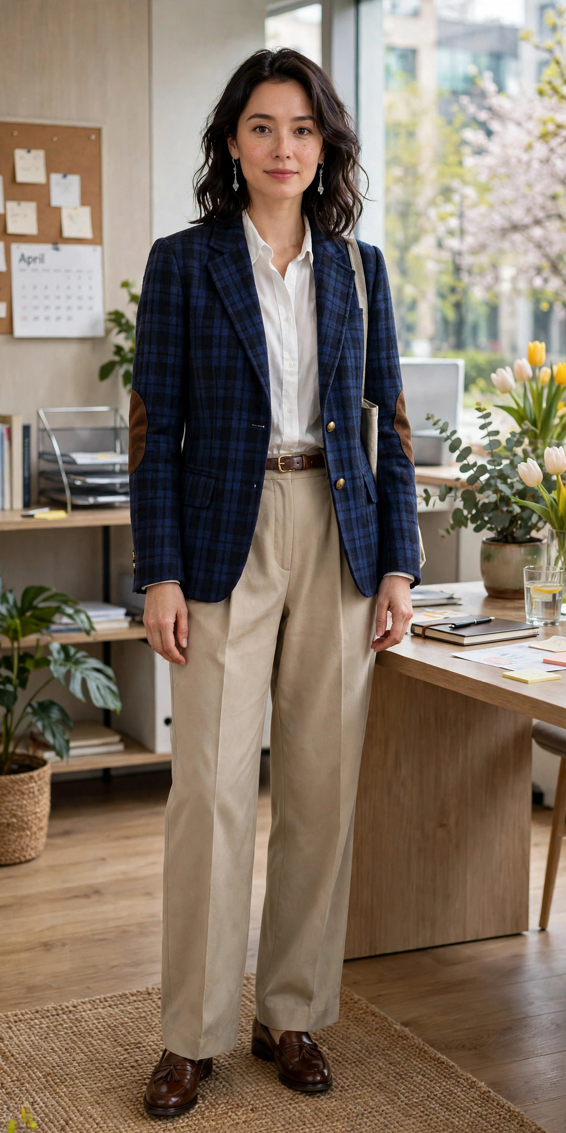 Navy Check Professor Jacket with silver drop earrings