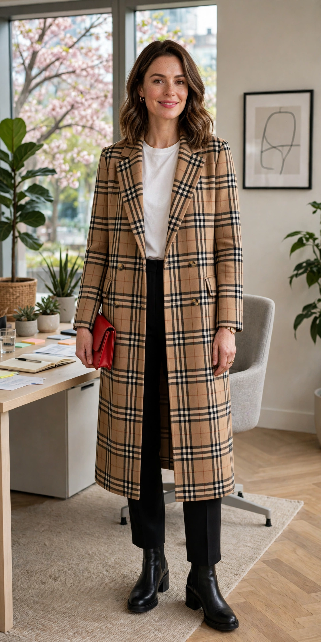 Camel Check Long Check Jacket with a red clutch