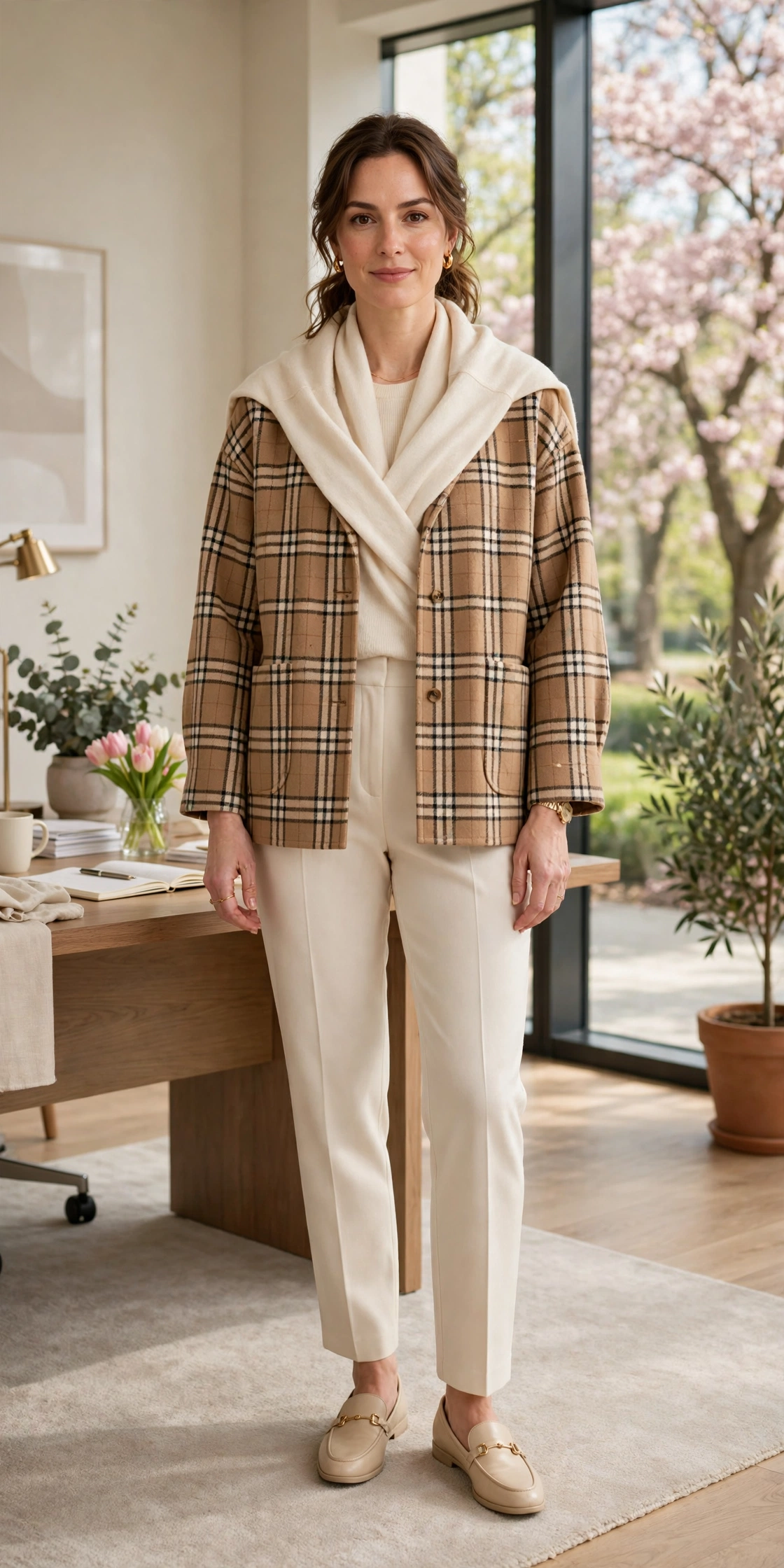 Camel Check Boxy Check Jacket with a cream wrap