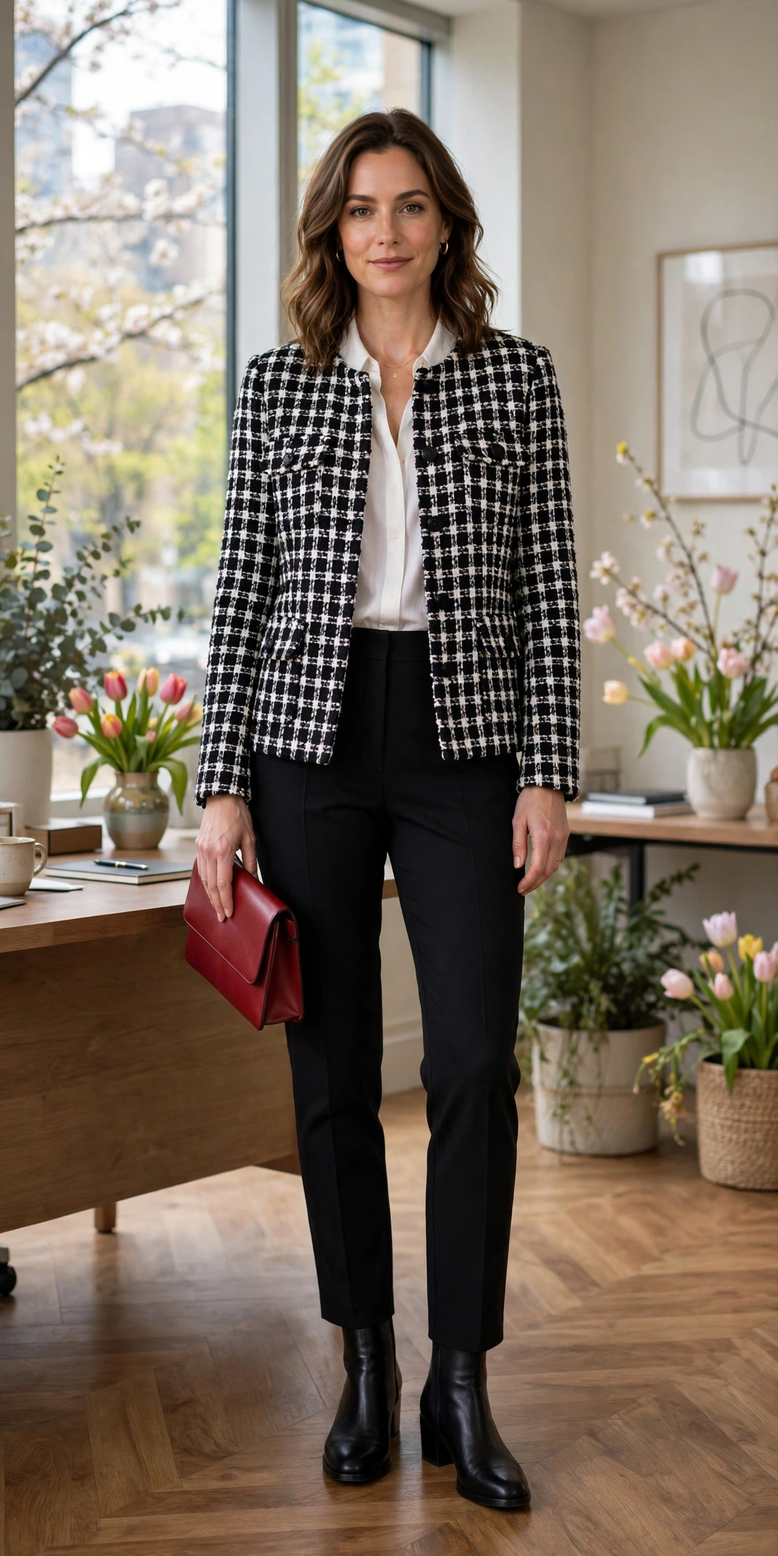 Black and White Check Tweed Check Jacket with a red clutch