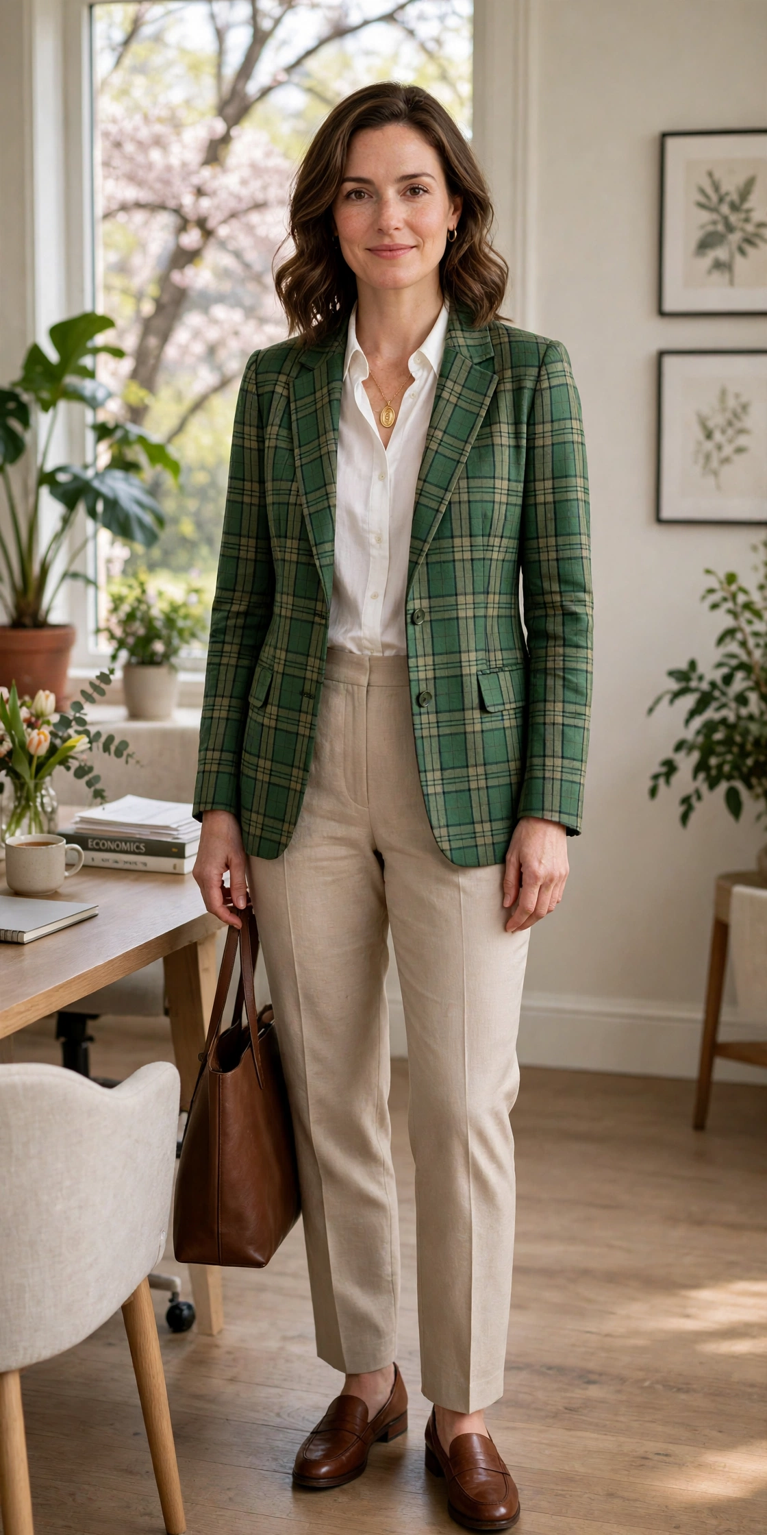 Green Check Professor Jacket with a gold pendant necklace