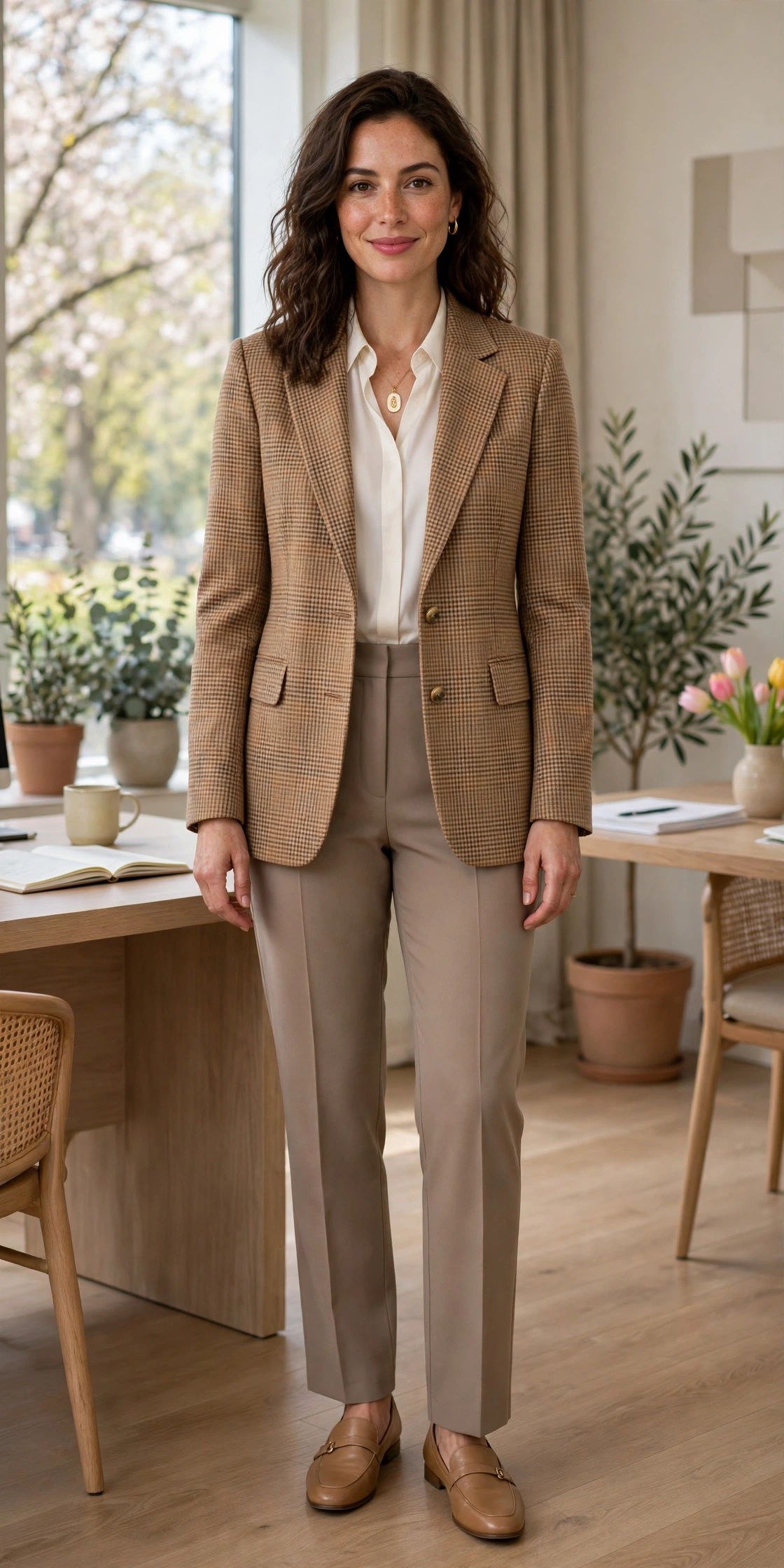 Camel Check Checked Blazer with a gold pendant necklace