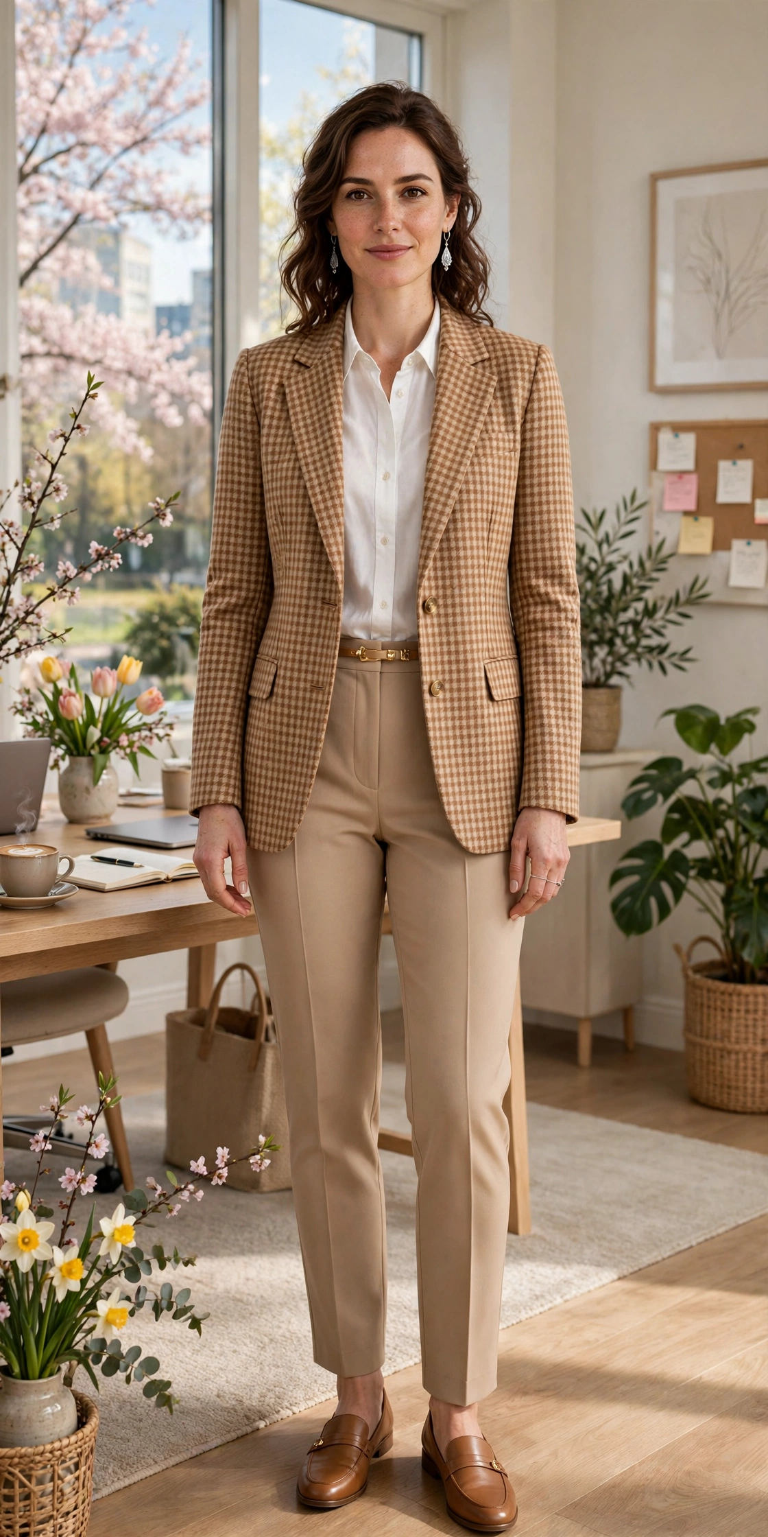 Camel Check Checked Blazer with silver drop earrings