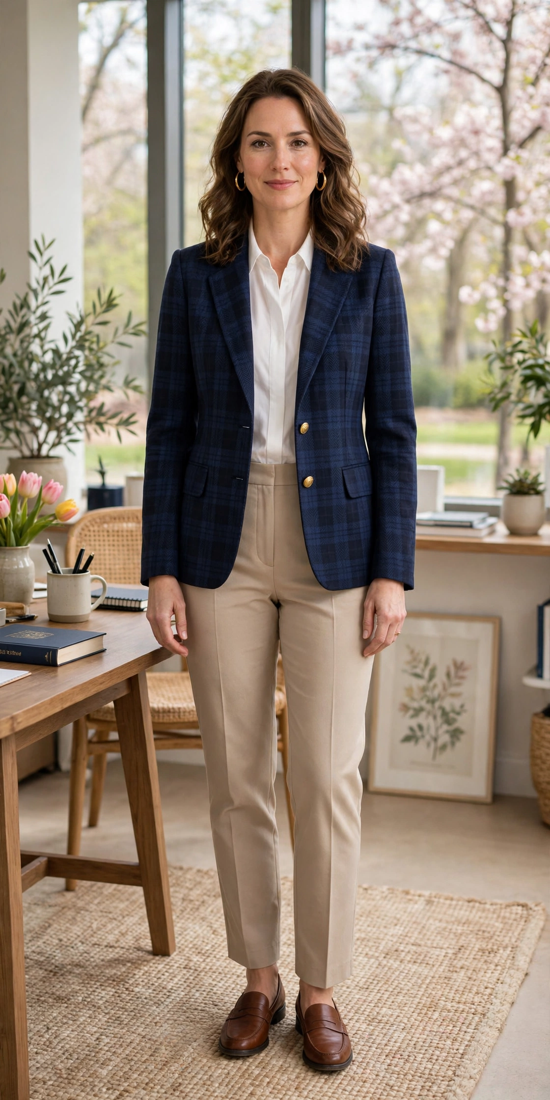 Navy Check Professor Jacket with gold hoop earrings