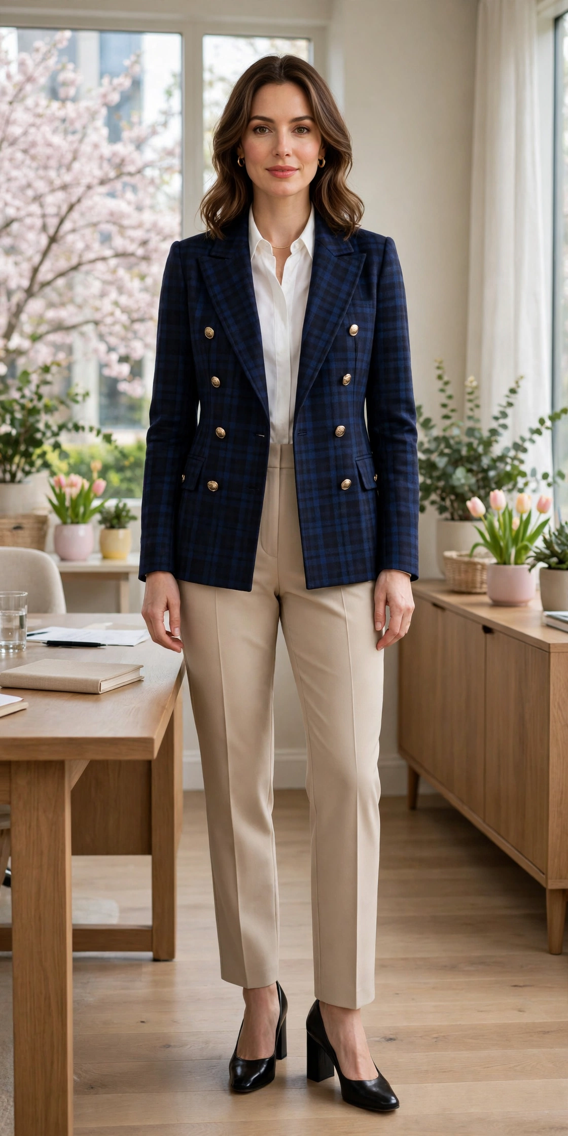 Navy Check Double-Breasted Check Jacket with black block-heel pumps