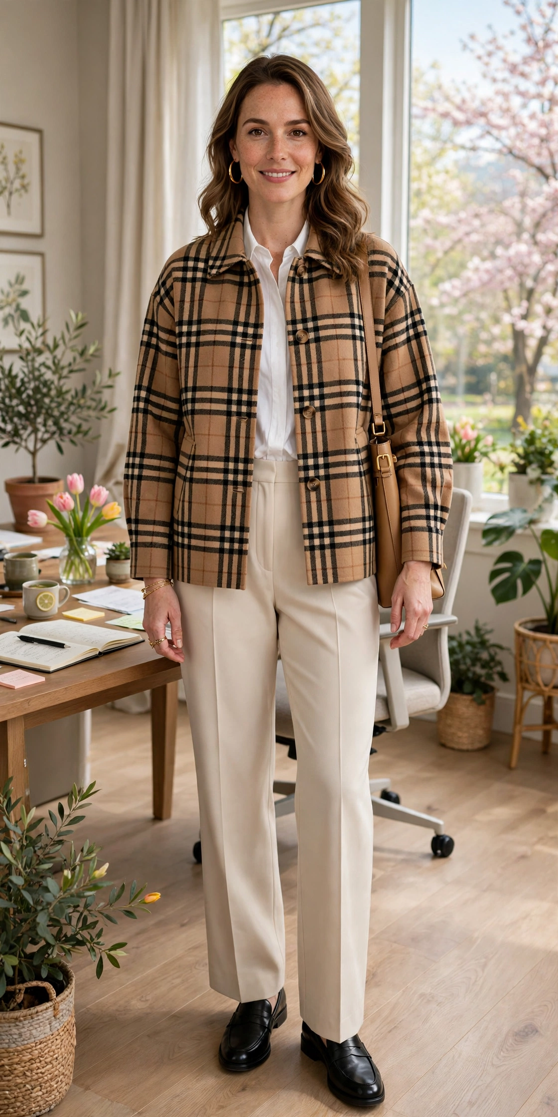 Camel Check Boxy Check Jacket with gold hoop earrings