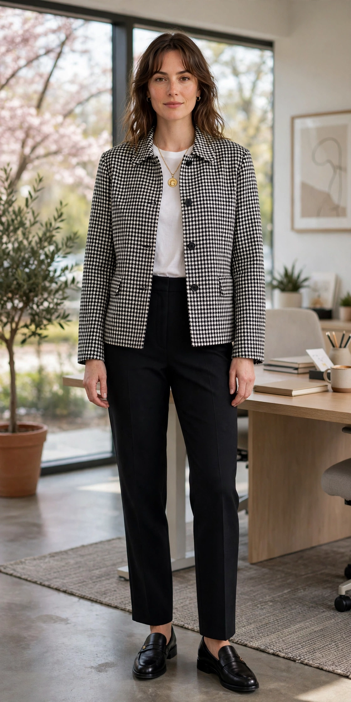 Black and White Check Boxy Check Jacket with a gold pendant necklace