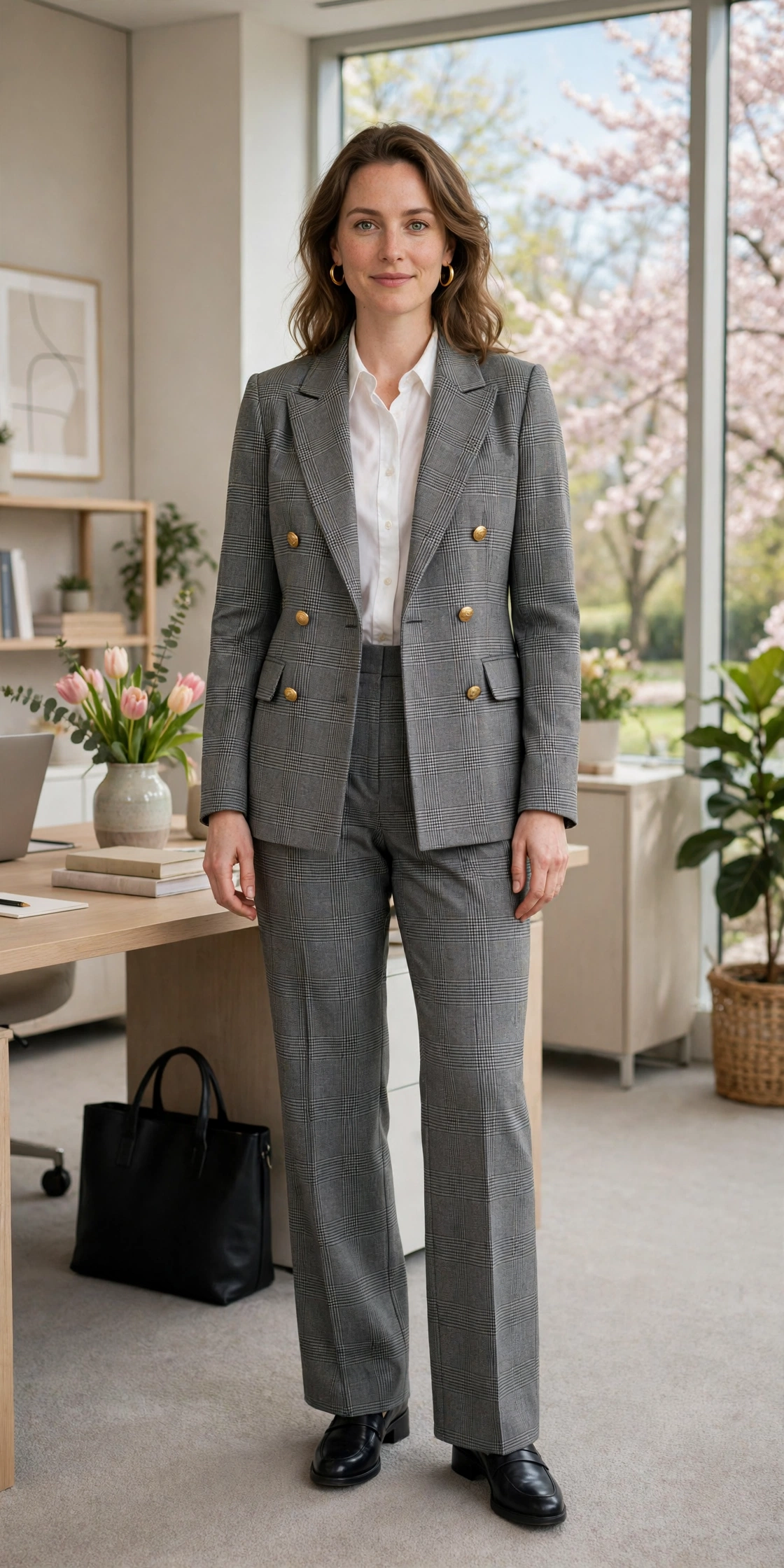 Grey Check Double-Breasted Check Jacket with gold hoop earrings