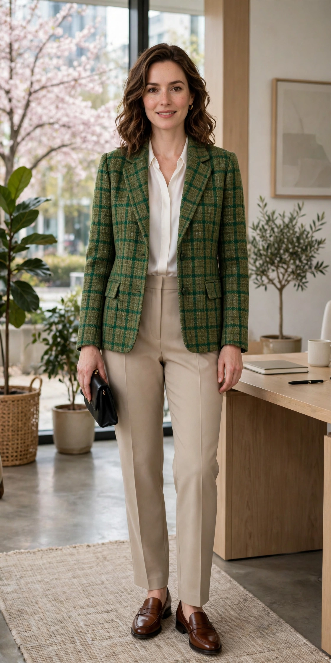 Green Check Tweed Check Jacket with a small black clutch