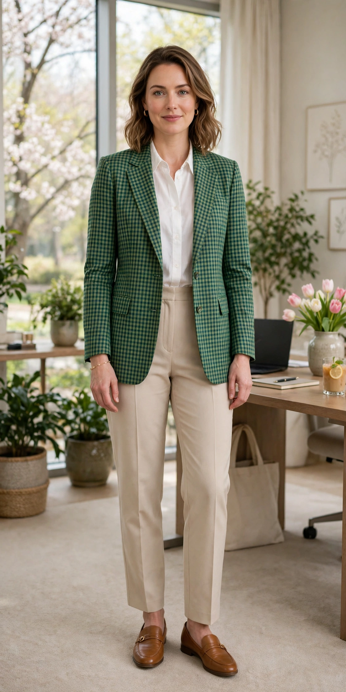 Green Check Checked Blazer with a delicate gold bracelet