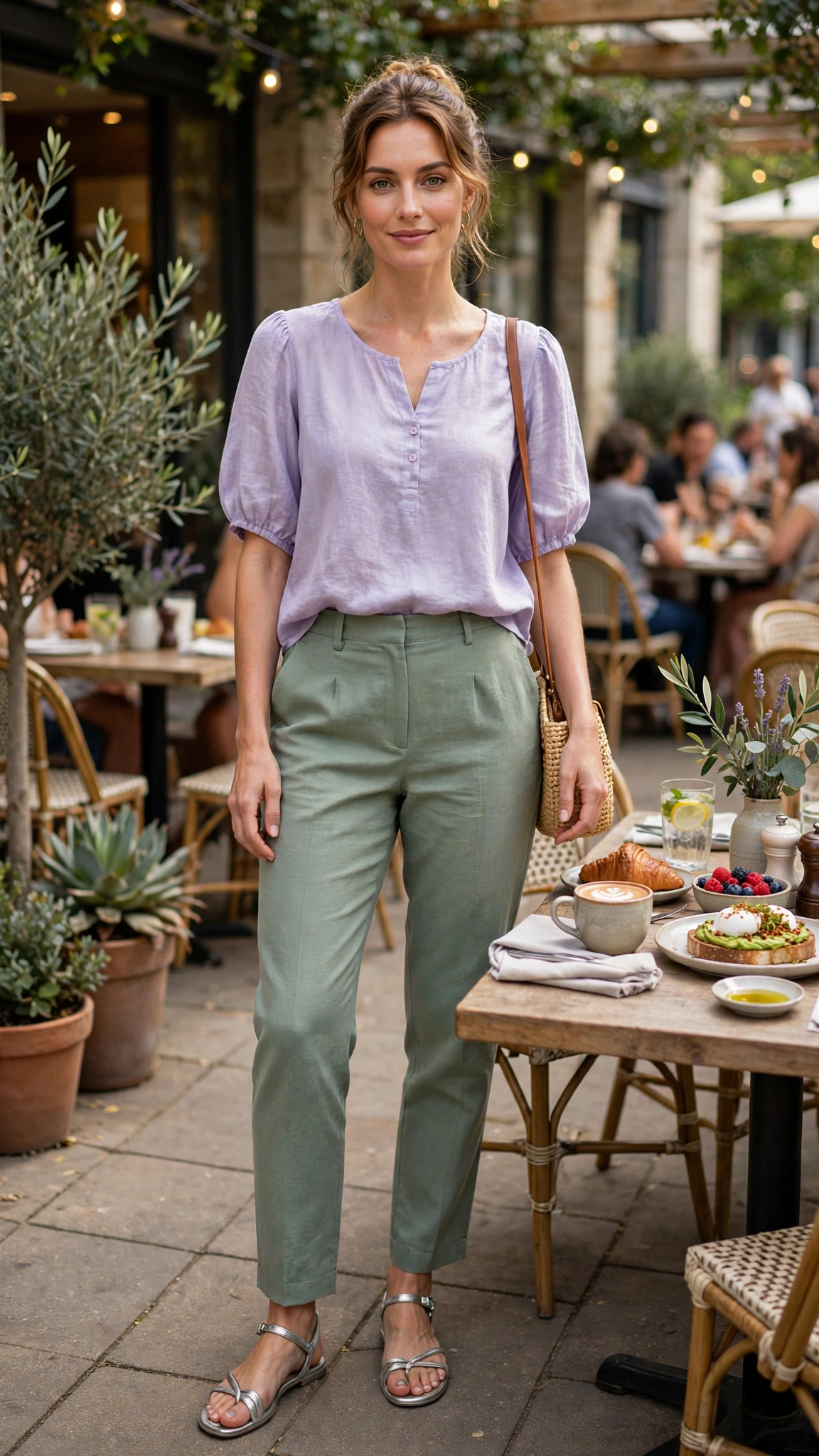 30 Lavender and Sage Colour Outfits for Spring Brunches That Are Fresh, Chic and Easy to Wear 3 Lavender and sage outfit with a lavender top and sage trousers with silver sandals