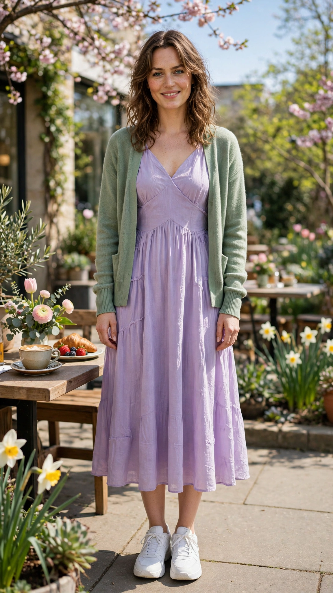30 Lavender and Sage Colour Outfits for Spring Brunches That Are Fresh, Chic and Easy to Wear 6 Lavender and sage outfit with a lavender dress and sage cardigan with white trainers