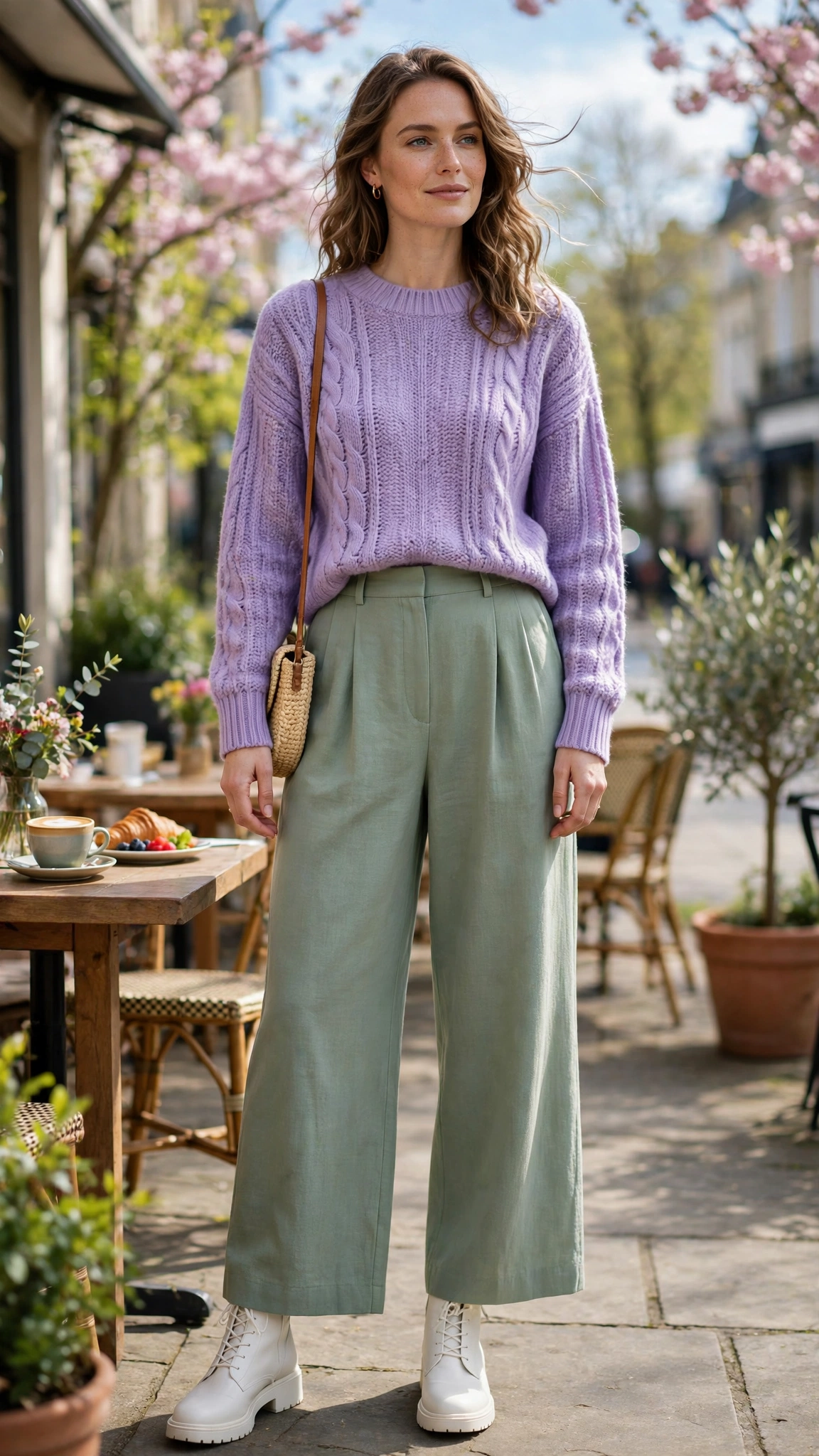 30 Lavender and Sage Colour Outfits for Spring Brunches That Are Fresh, Chic and Easy to Wear 7 Lavender and sage outfit with sage wide-leg trousers and a lavender knit with white ankle boots