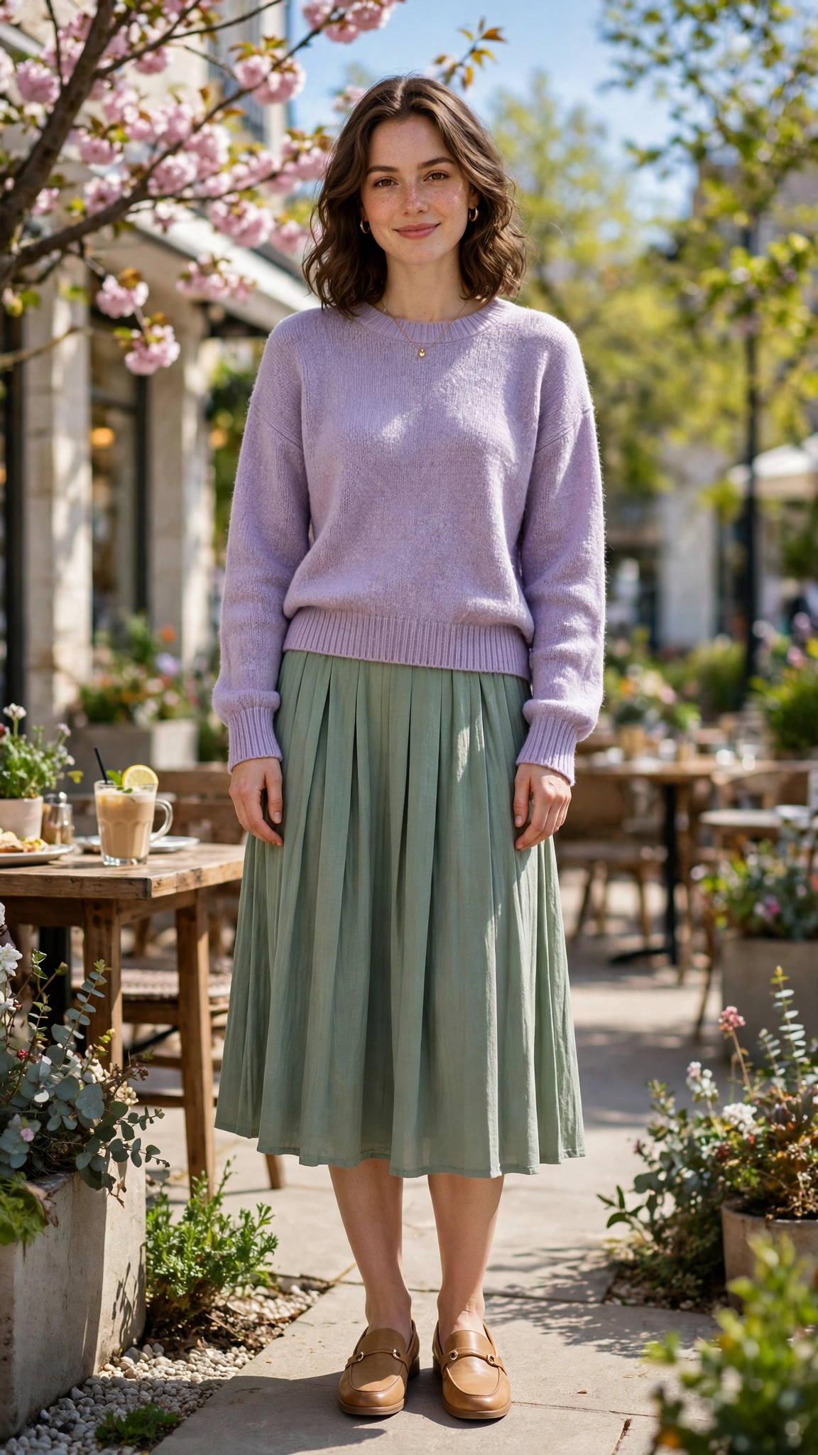 30 Lavender and Sage Colour Outfits for Spring Brunches That Are Fresh, Chic and Easy to Wear 9 Lavender and sage outfit with a lavender sweater and sage pleated skirt with tan loafers