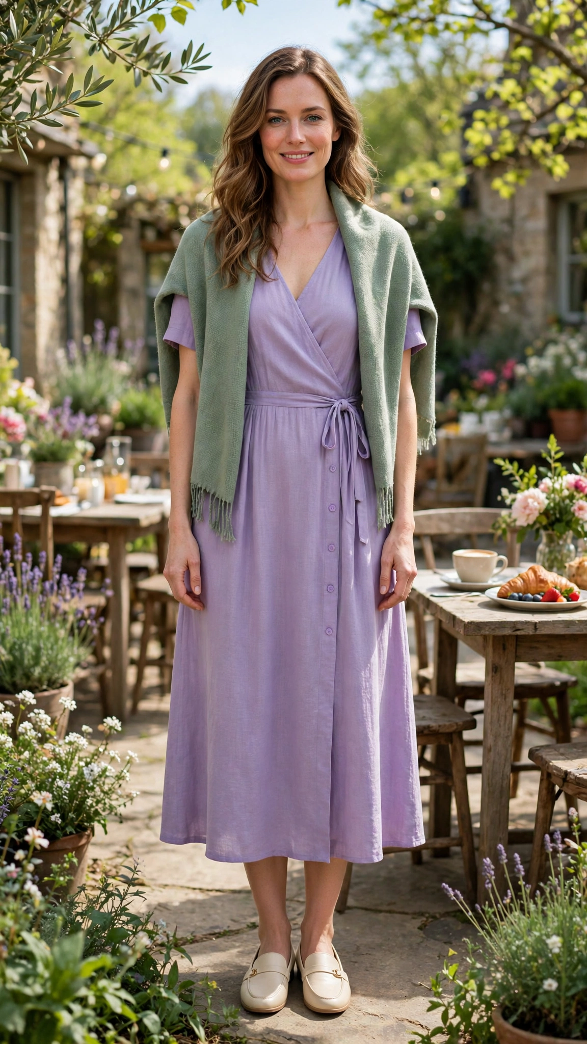30 Lavender and Sage Colour Outfits for Spring Brunches That Are Fresh, Chic and Easy to Wear 11 Lavender and sage outfit with a lavender midi dress and sage shawl with cream loafers