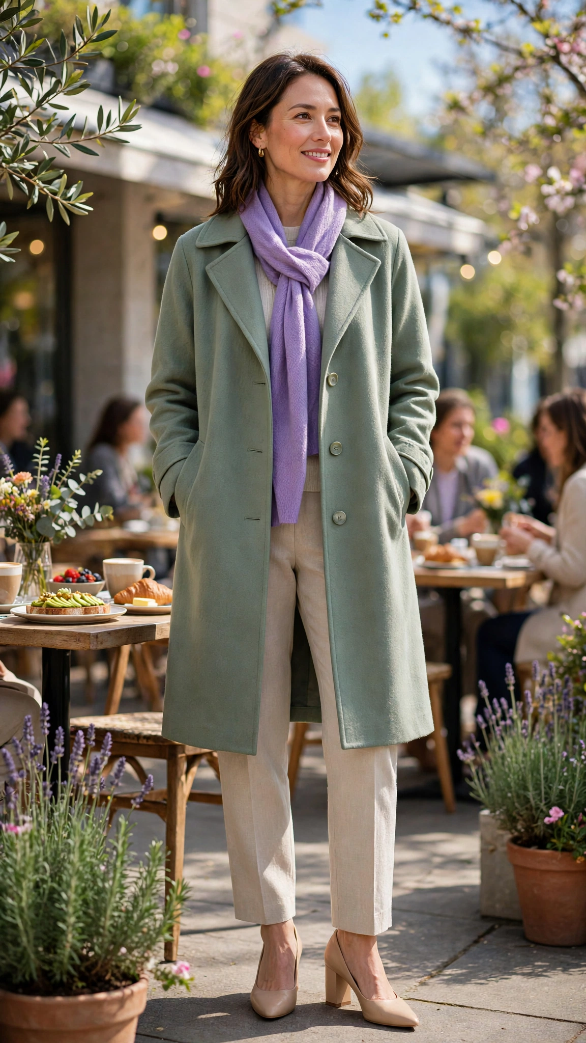 30 Lavender and Sage Colour Outfits for Spring Brunches That Are Fresh, Chic and Easy to Wear 12 Lavender and sage outfit with sage coat and lavender scarf with nude block heels