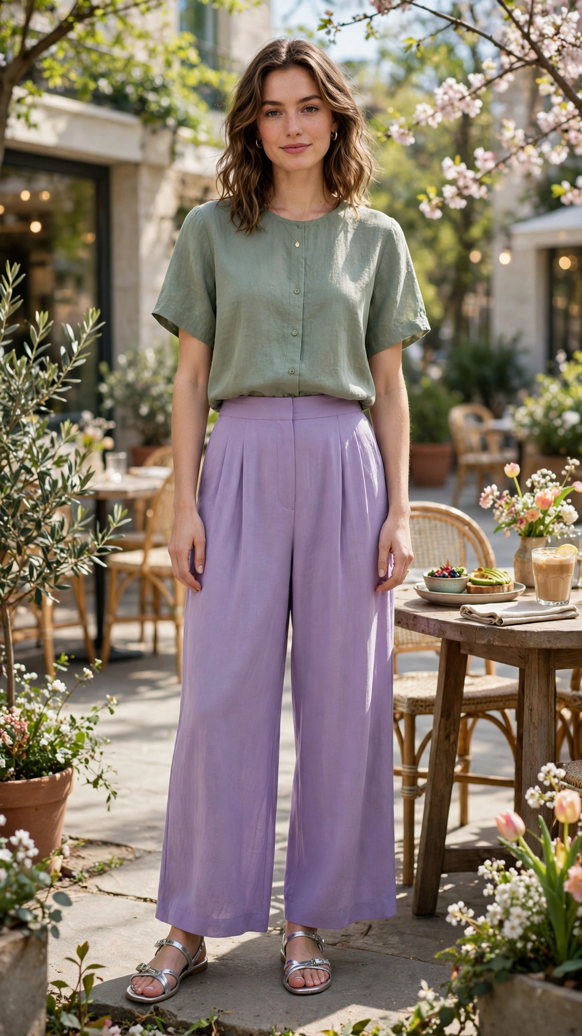 30 Lavender and Sage Colour Outfits for Spring Brunches That Are Fresh, Chic and Easy to Wear 13 Lavender and sage outfit with lavender palazzo trousers and a sage top with silver sandals