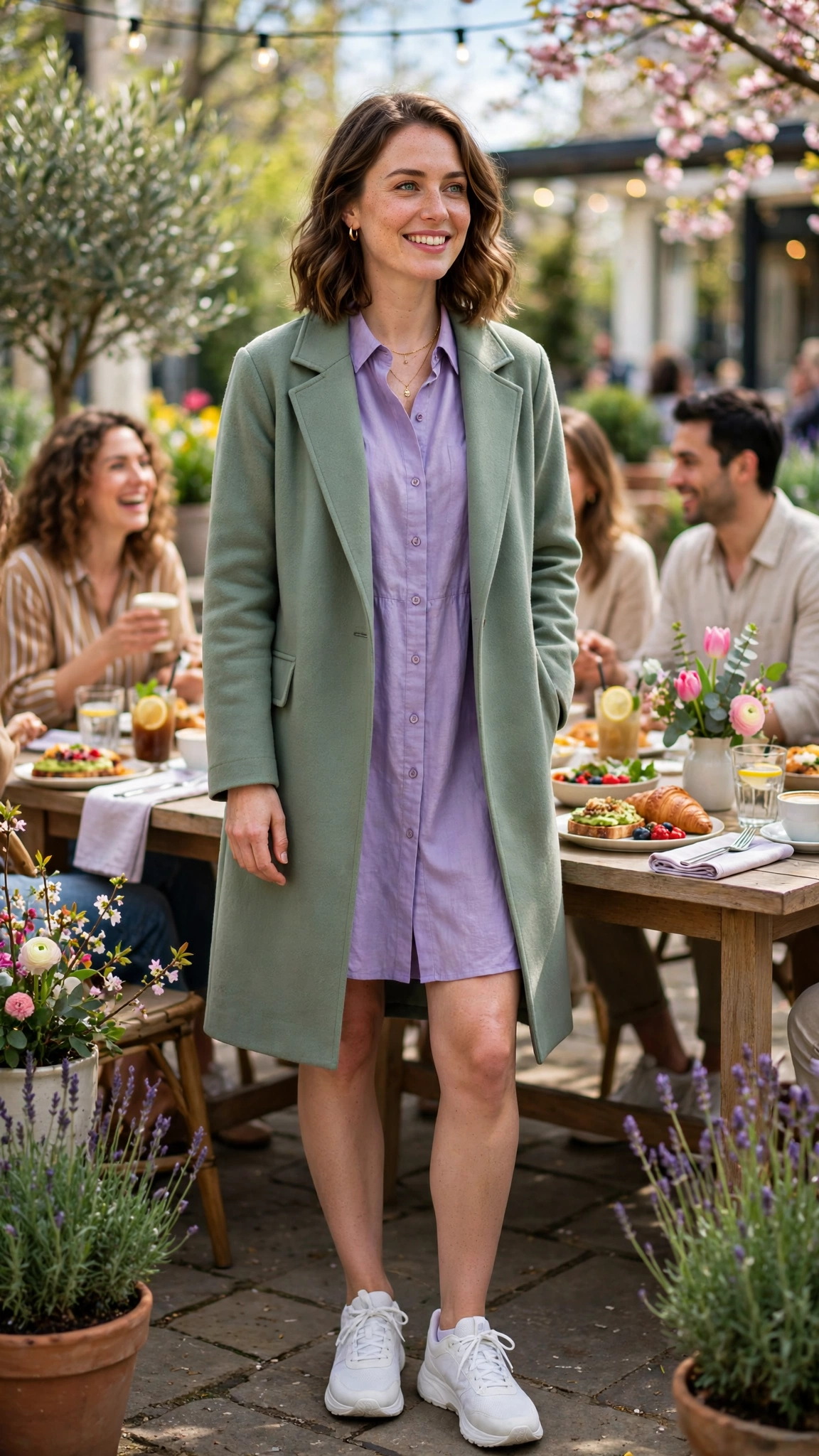 30 Lavender and Sage Colour Outfits for Spring Brunches That Are Fresh, Chic and Easy to Wear 16 Lavender and sage outfit with a lavender shirt dress and sage coat with white trainers