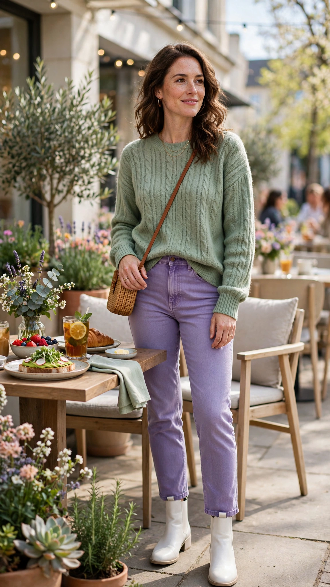 30 Lavender and Sage Colour Outfits for Spring Brunches That Are Fresh, Chic and Easy to Wear 17 Lavender and sage outfit with lavender jeans and a sage sweater with white ankle boots