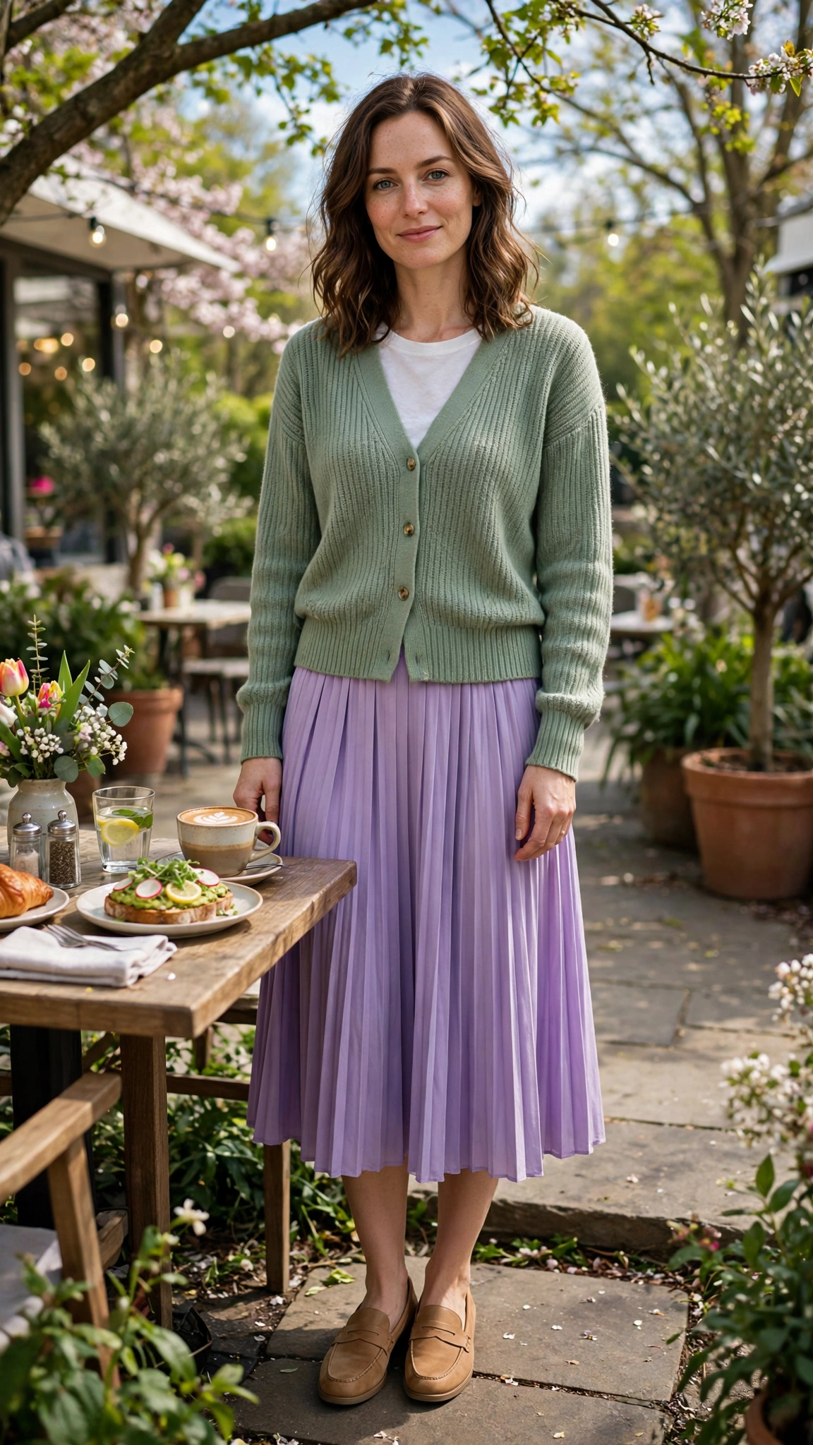 30 Lavender and Sage Colour Outfits for Spring Brunches That Are Fresh, Chic and Easy to Wear 19 Lavender and sage outfit with lavender pleated skirt and sage cardigan with tan loafers