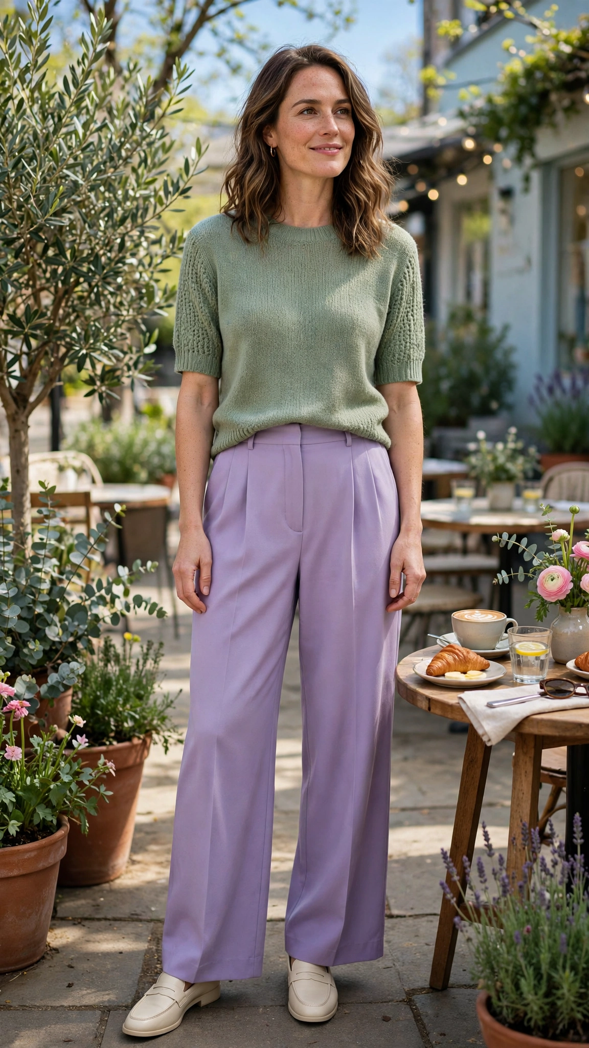 30 Lavender and Sage Colour Outfits for Spring Brunches That Are Fresh, Chic and Easy to Wear 21 Lavender and sage outfit with lavender wide-leg trousers and sage knit with cream loafers