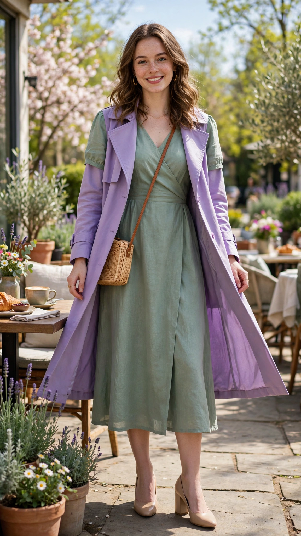 30 Lavender and Sage Colour Outfits for Spring Brunches That Are Fresh, Chic and Easy to Wear 22 Lavender and sage outfit with a lavender coat over a sage dress with nude block heels