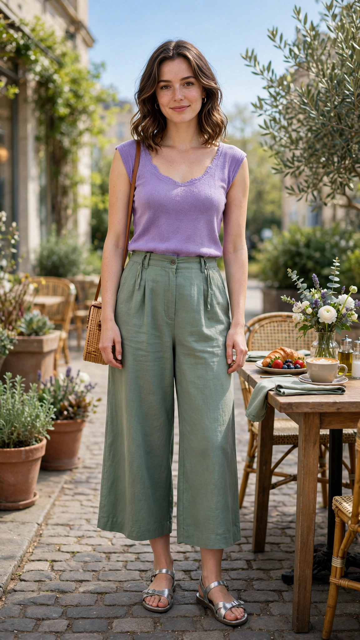 30 Lavender and Sage Colour Outfits for Spring Brunches That Are Fresh, Chic and Easy to Wear 23 Lavender and sage outfit with sage culottes and a lavender top with silver sandals