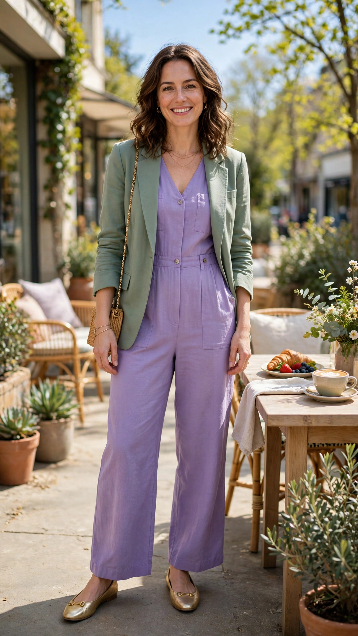 30 Lavender and Sage Colour Outfits for Spring Brunches That Are Fresh, Chic and Easy to Wear 24 Lavender and sage outfit with a lavender jumpsuit and sage blazer with gold flats