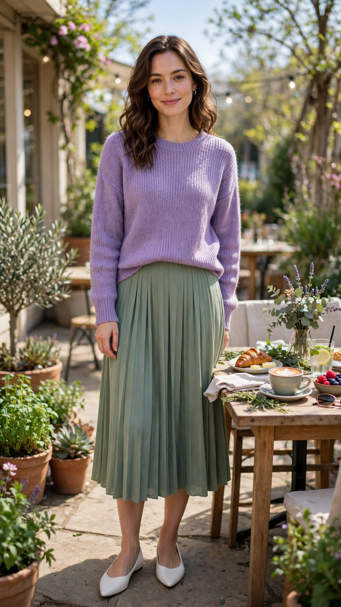 30 Lavender and Sage Colour Outfits for Spring Brunches That Are Fresh, Chic and Easy to Wear 25 Lavender and sage outfit with sage pleated skirt and lavender sweater with white pointed flats