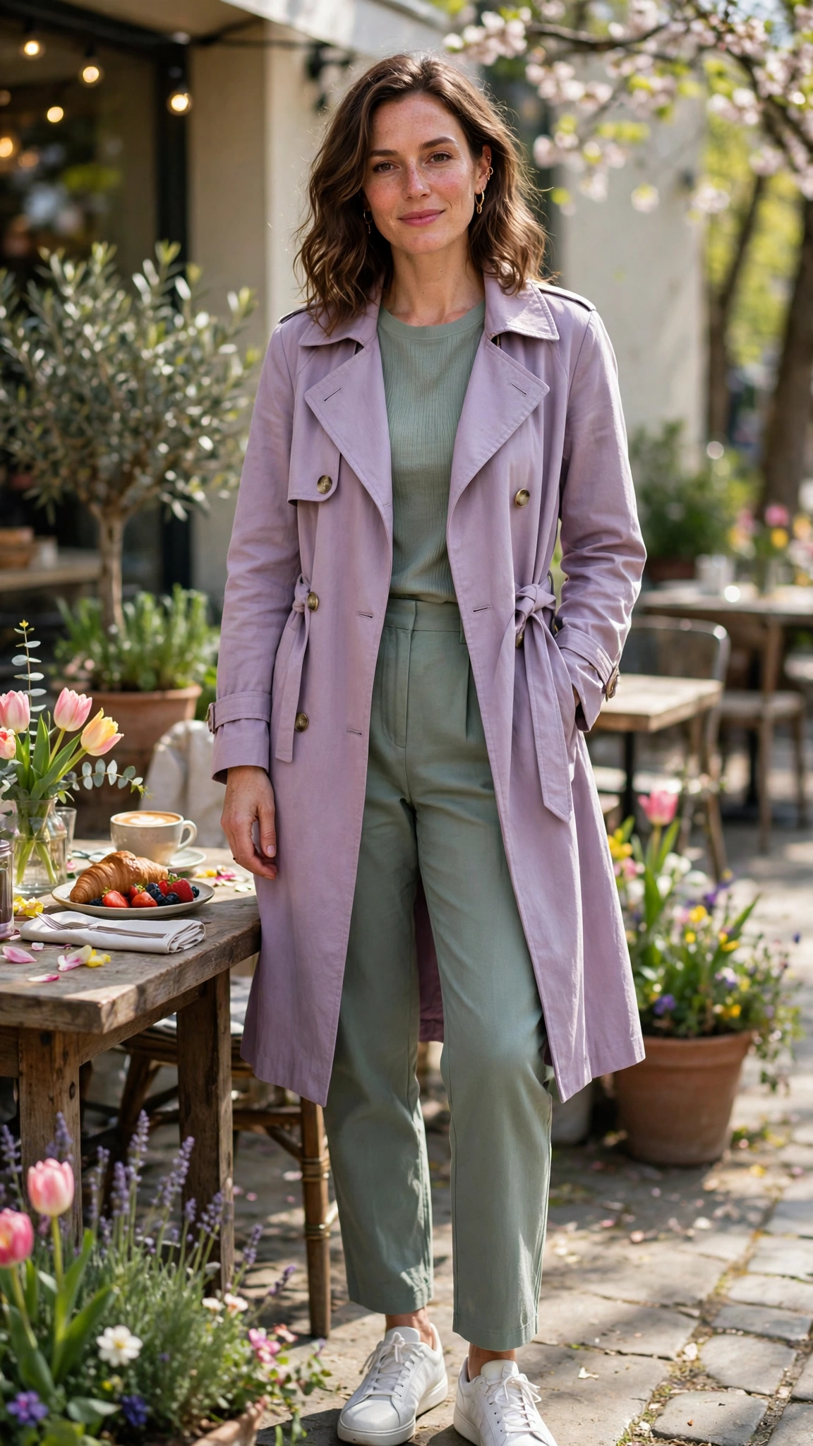 30 Lavender and Sage Colour Outfits for Spring Brunches That Are Fresh, Chic and Easy to Wear 26 Lavender and sage outfit with a lavender trench and sage trousers with white trainers