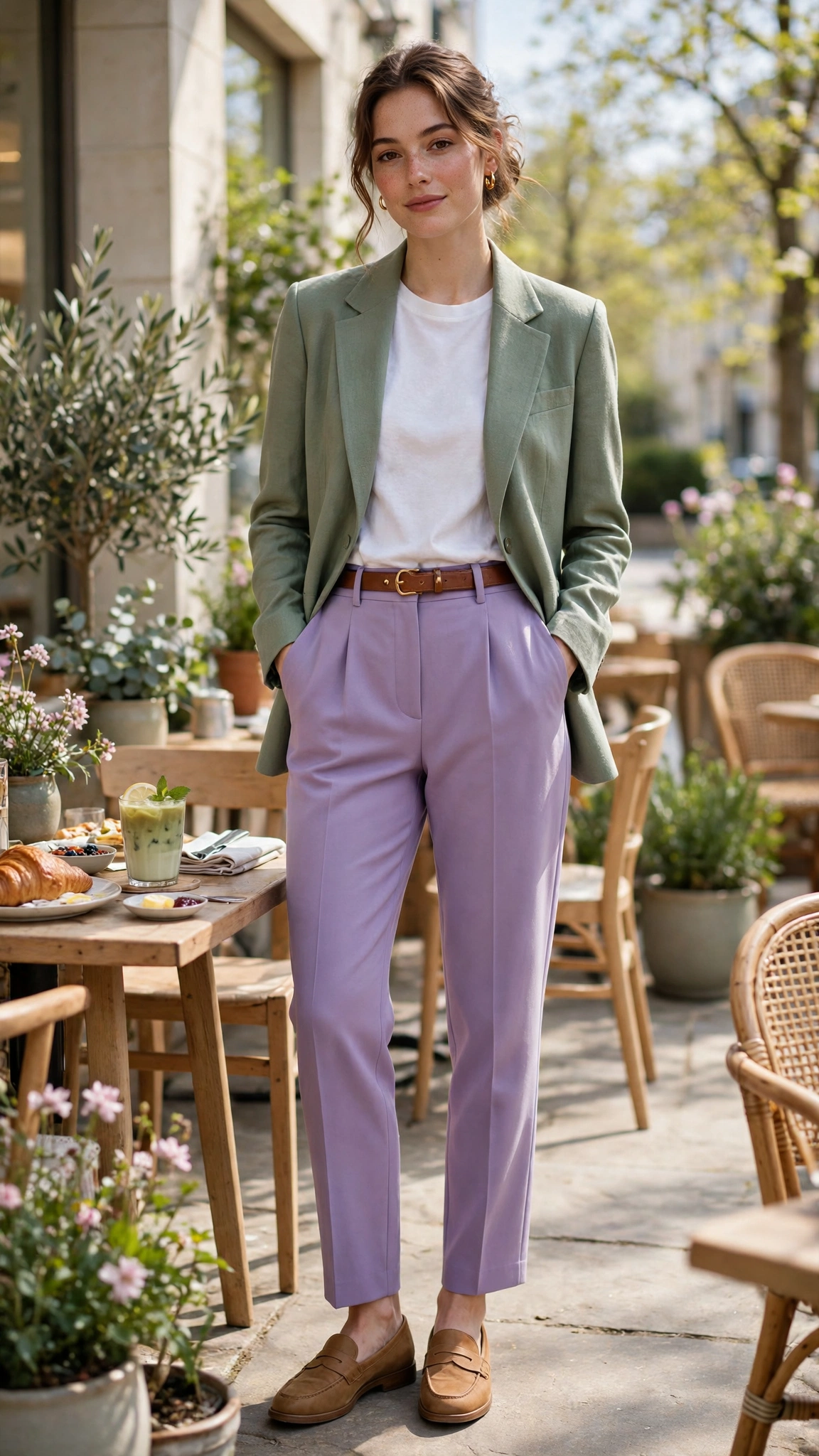 30 Lavender and Sage Colour Outfits for Spring Brunches That Are Fresh, Chic and Easy to Wear 29 Lavender and sage outfit with lavender tailored trousers and sage blazer with tan loafers