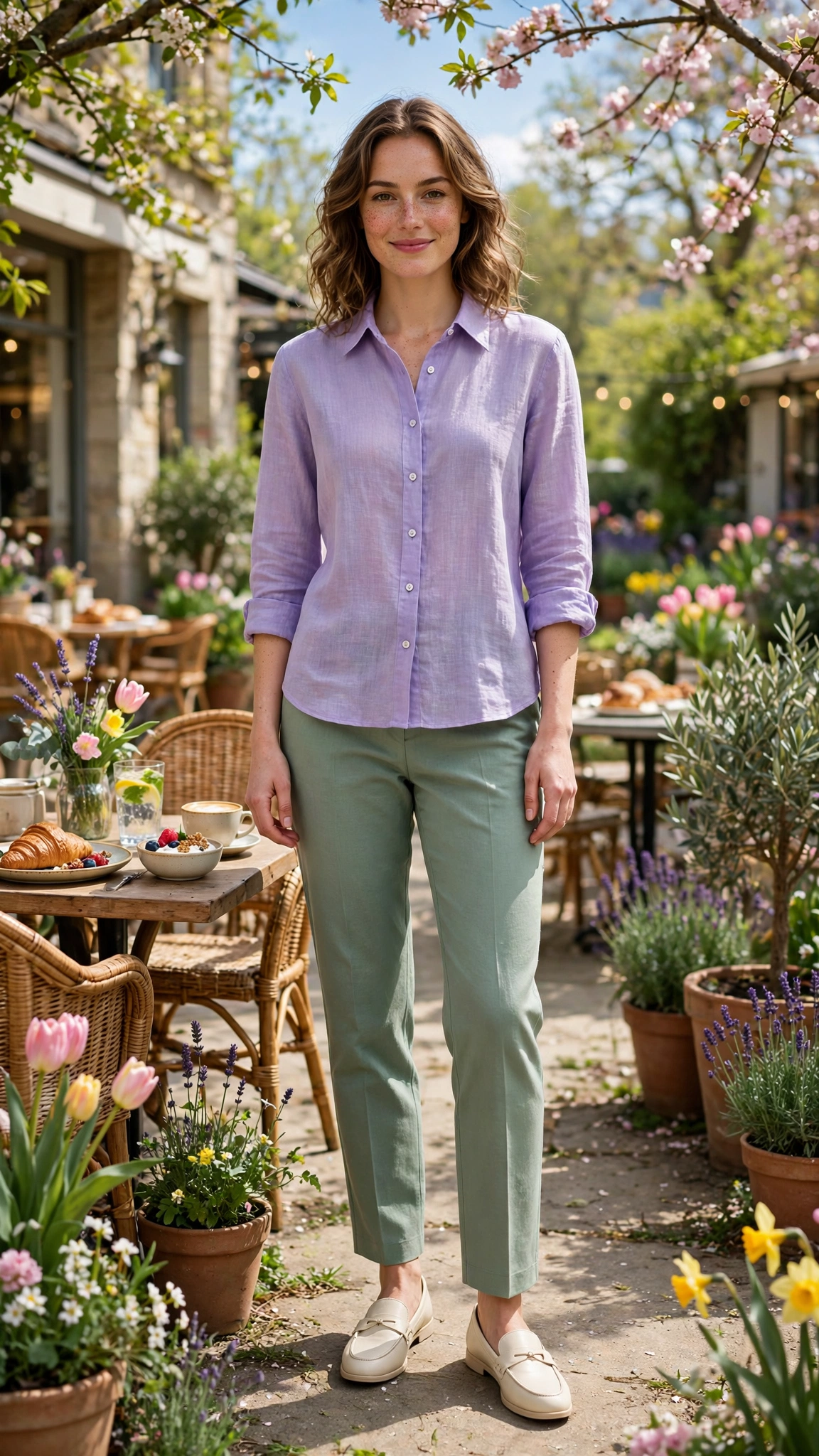 30 Lavender and Sage Colour Outfits for Spring Brunches That Are Fresh, Chic and Easy to Wear 31 Lavender and sage outfit with sage straight trousers and lavender shirt with cream loafers