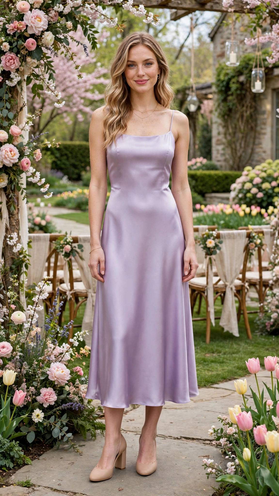 Lavender satin midi dress with nude block heels