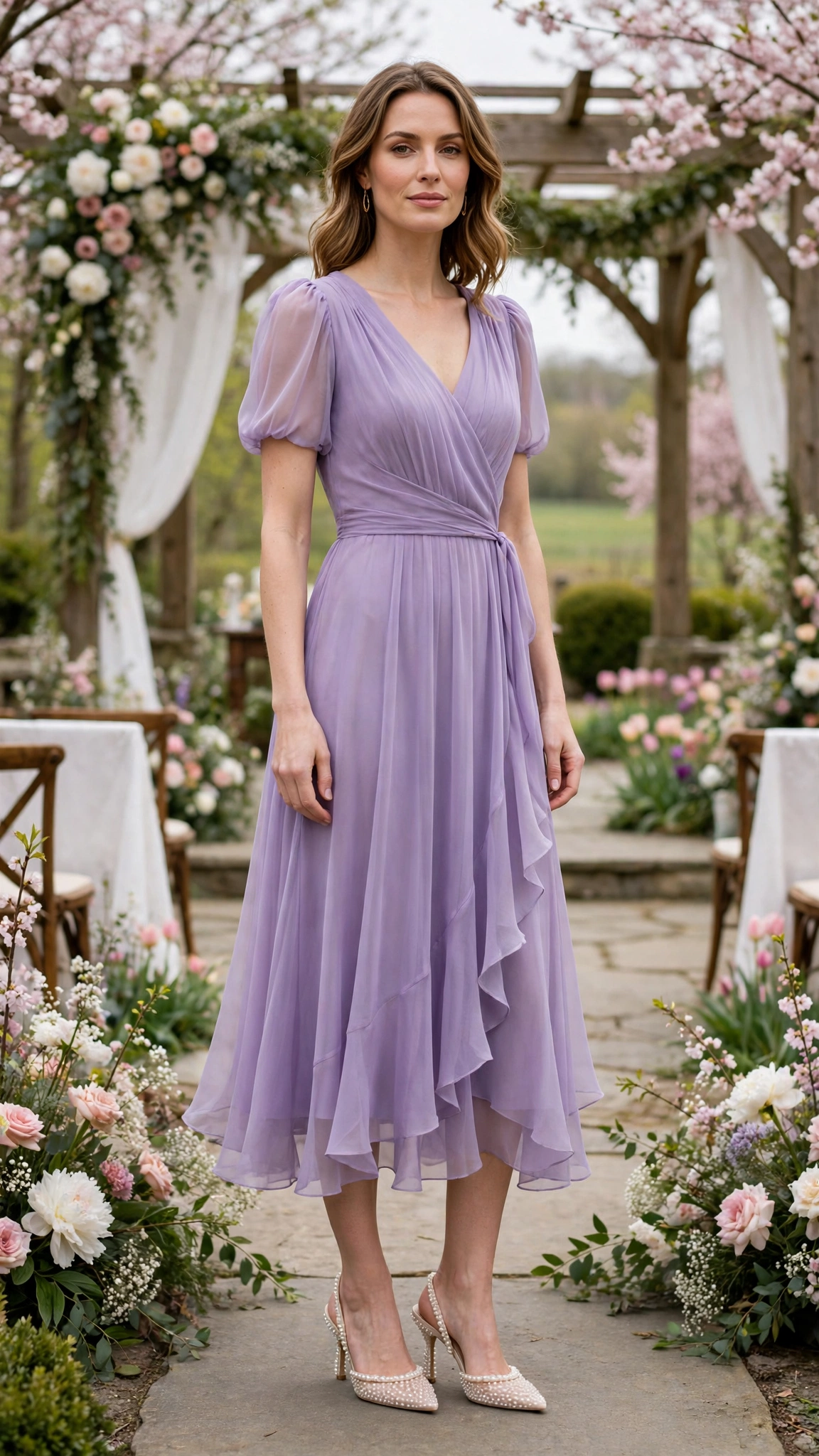 Lavender chiffon midi dress with pearl-embellished heels