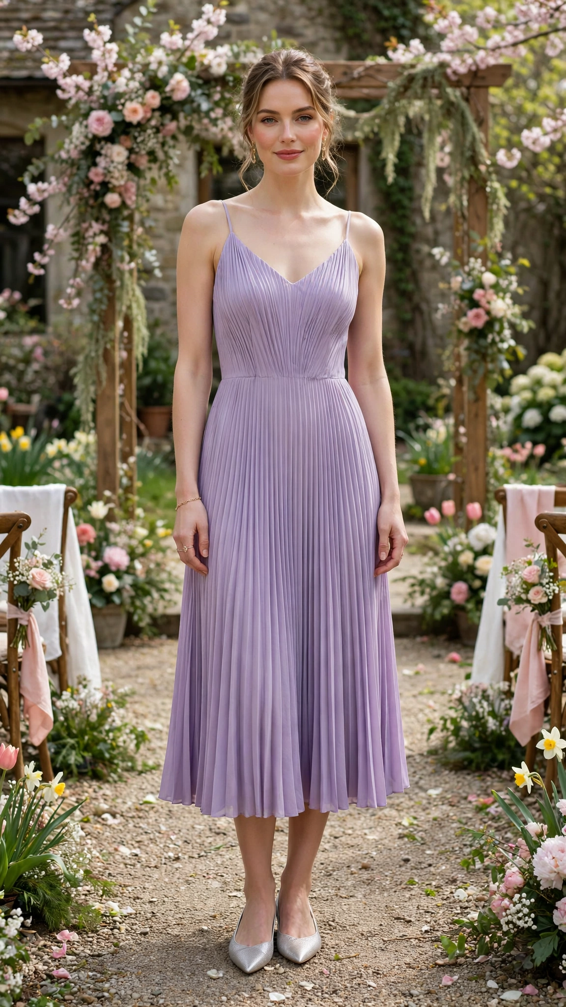 Lavender pleated midi dress with silver pointed flats