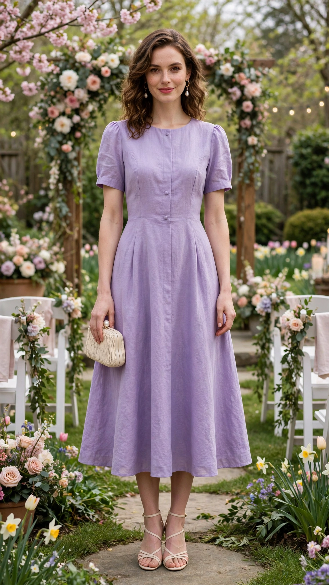 Lavender A-line midi dress with pearl drop earrings
