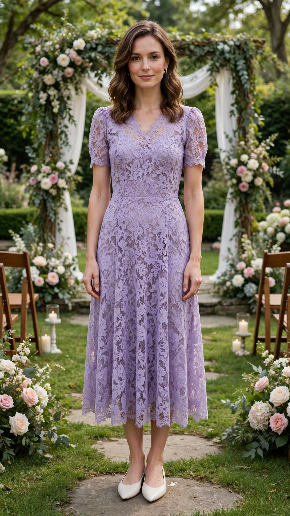 Lavender lace midi dress with ivory pointed flats